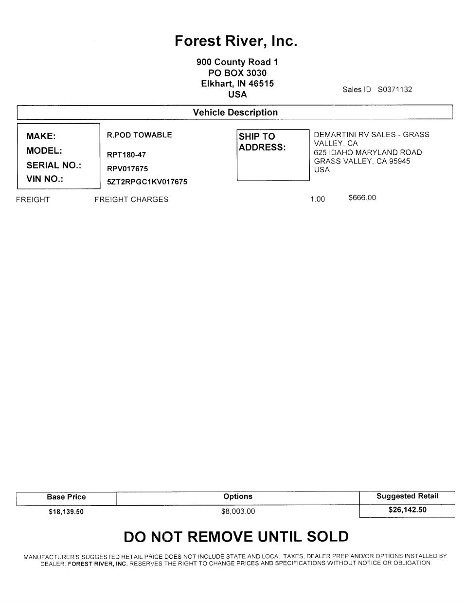 2019 Forest River R-Pod 180 MSRP Sheet