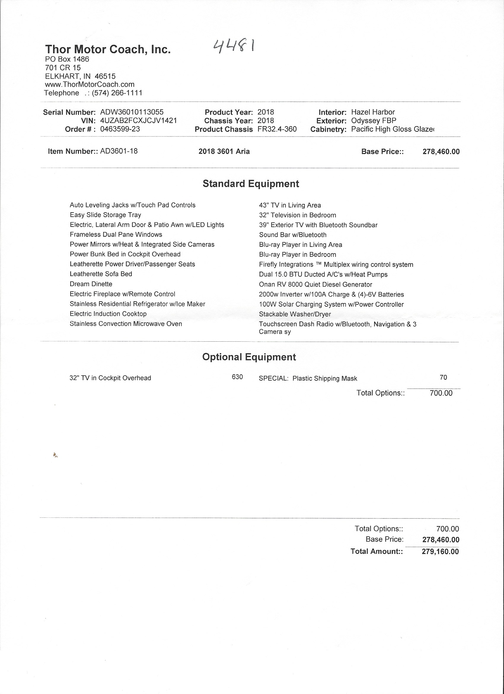 2018 Thor Aria 3601 MSRP Sheet