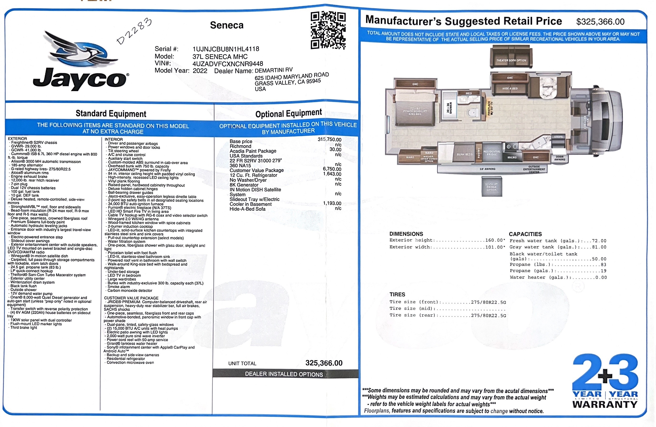 2022 Jayco Seneca 37L MSRP Sheet