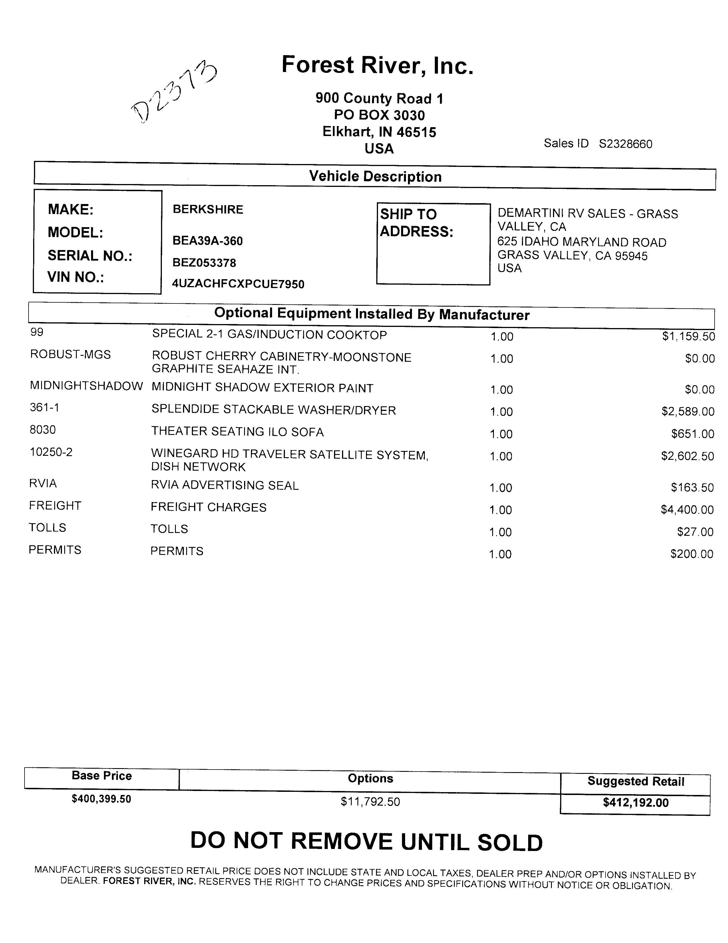 2023 Forest River Berkshire 39A MSRP Sheet