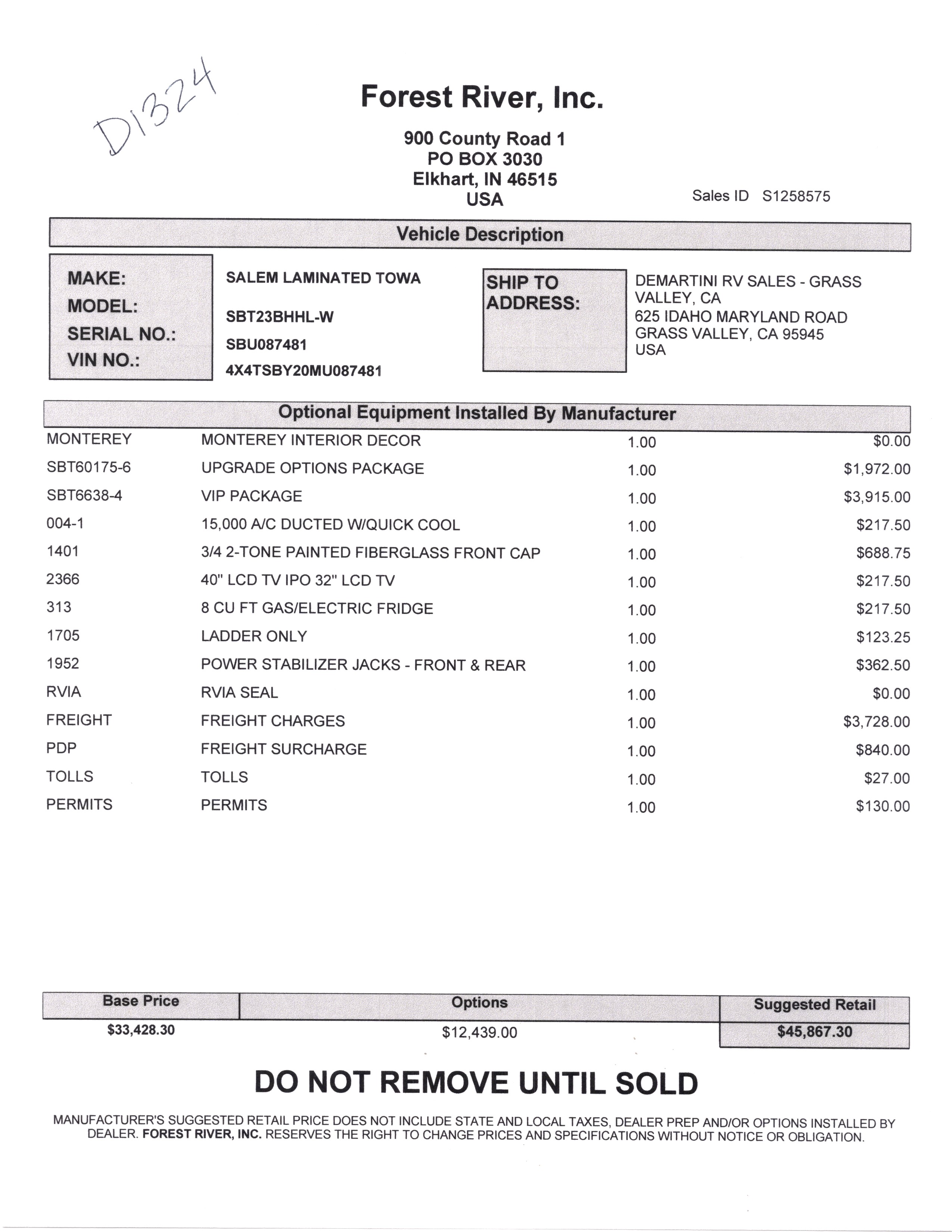 2021 Forest River Salem Hemisphere Hyper-Lyte 23BHHL MSRP Sheet