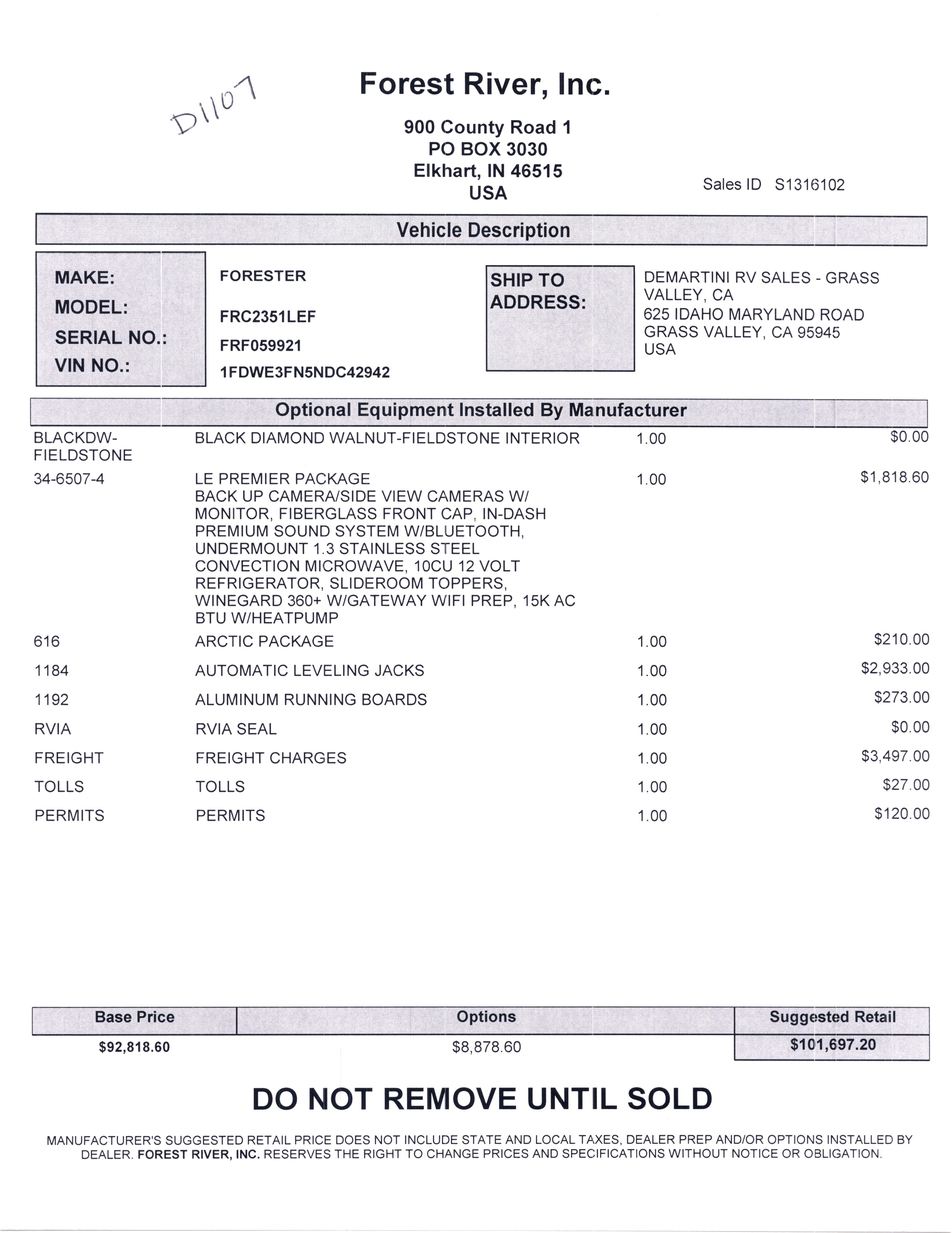 2022 Forest River Forester LE 2351LE MSRP Sheet