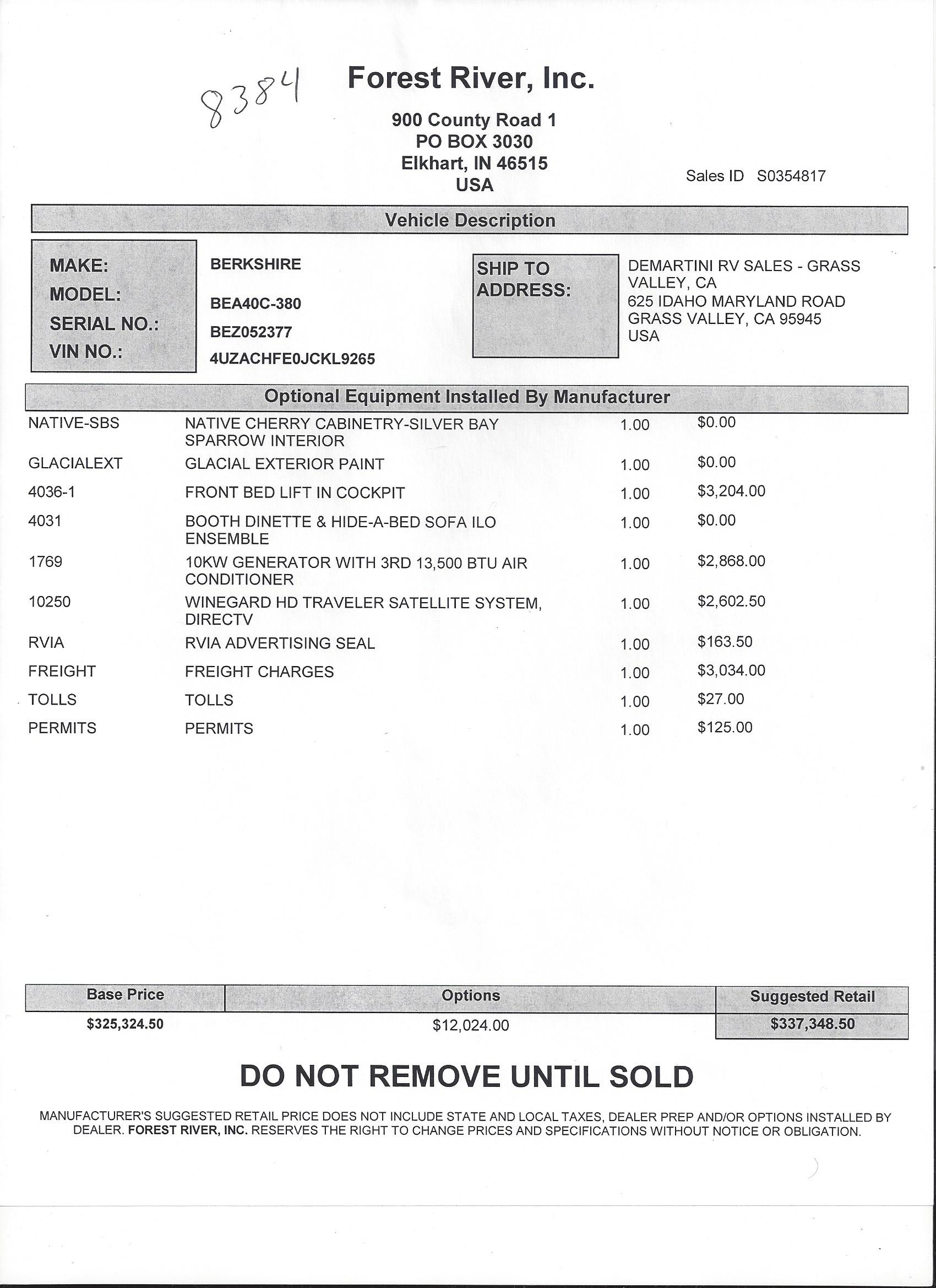 2019 Forest River Berkshire XL 40C MSRP Sheet