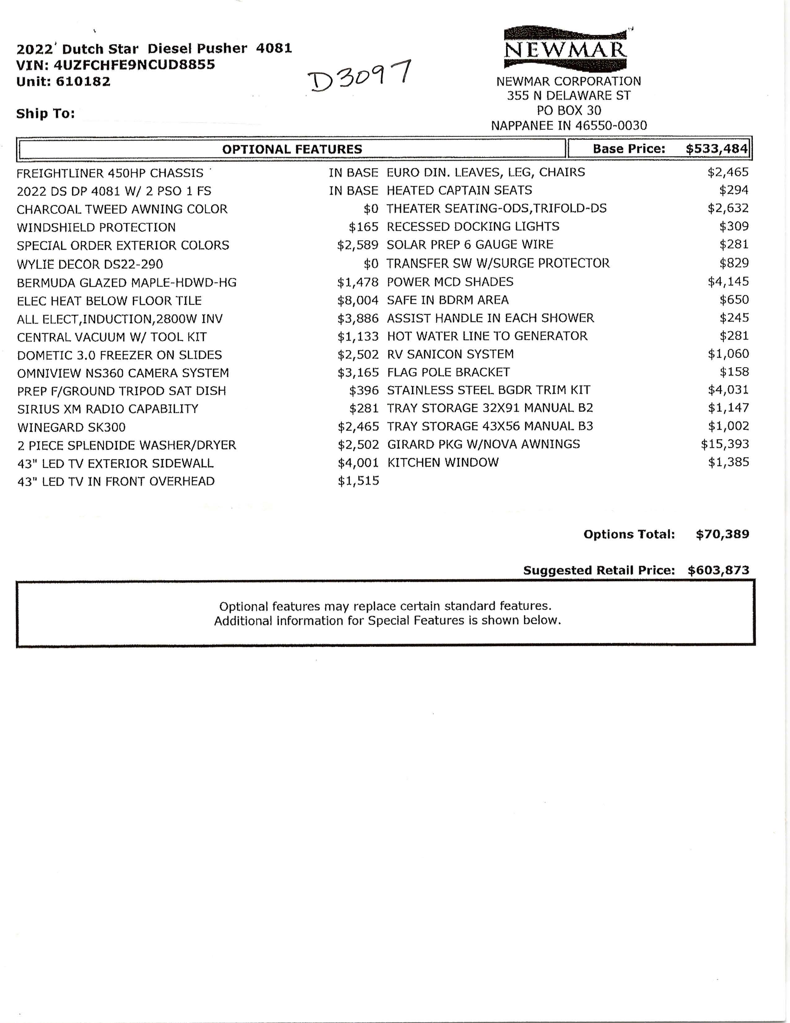 2022 Newmar Dutch Star 4081 MSRP Sheet