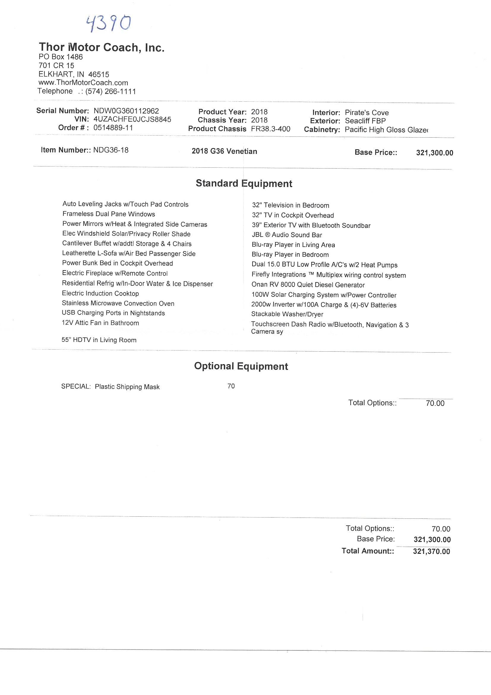 2018 Thor Venetian G36 MSRP Sheet
