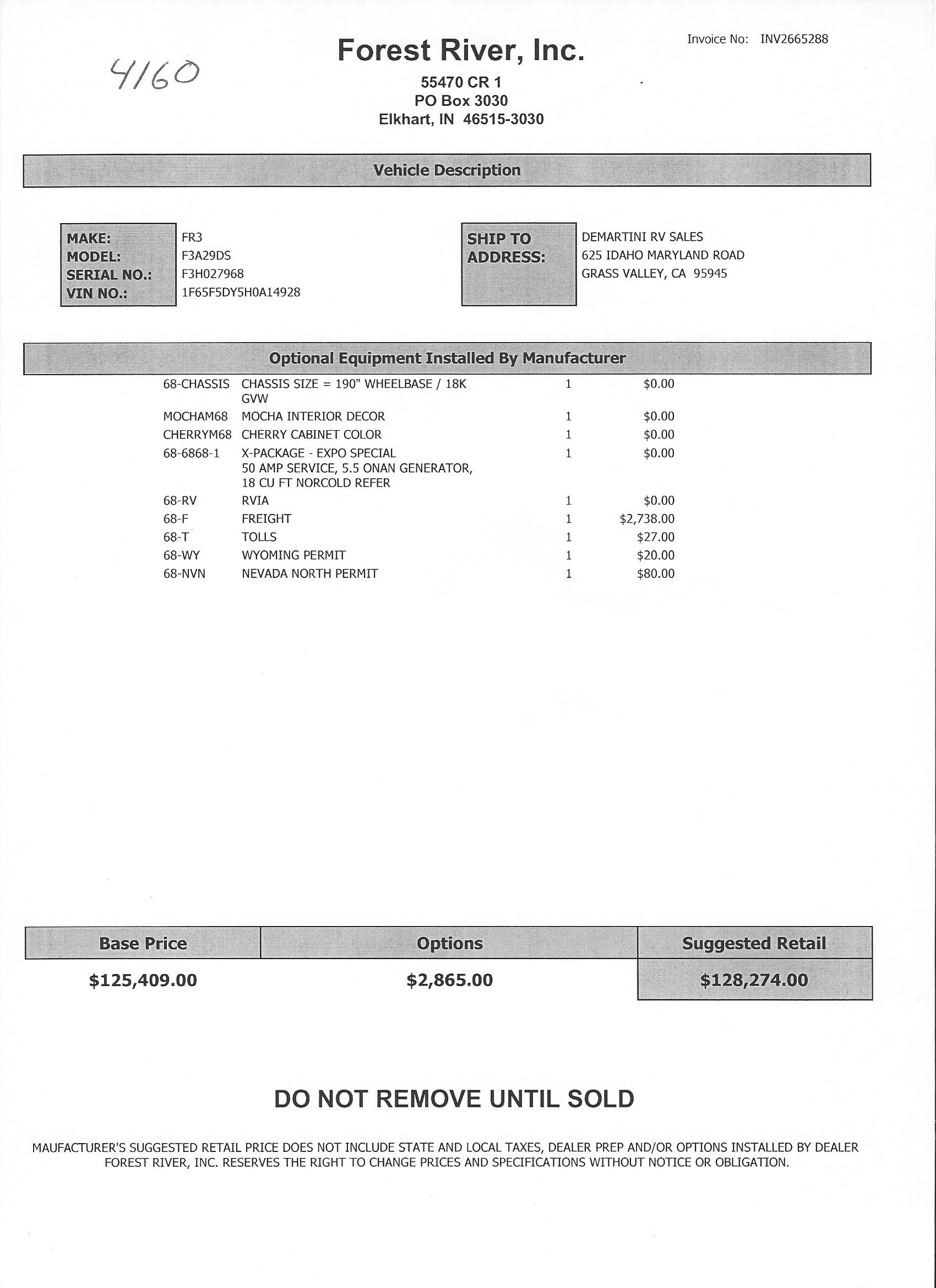 2018 Forest River FR3 29DS MSRP Sheet