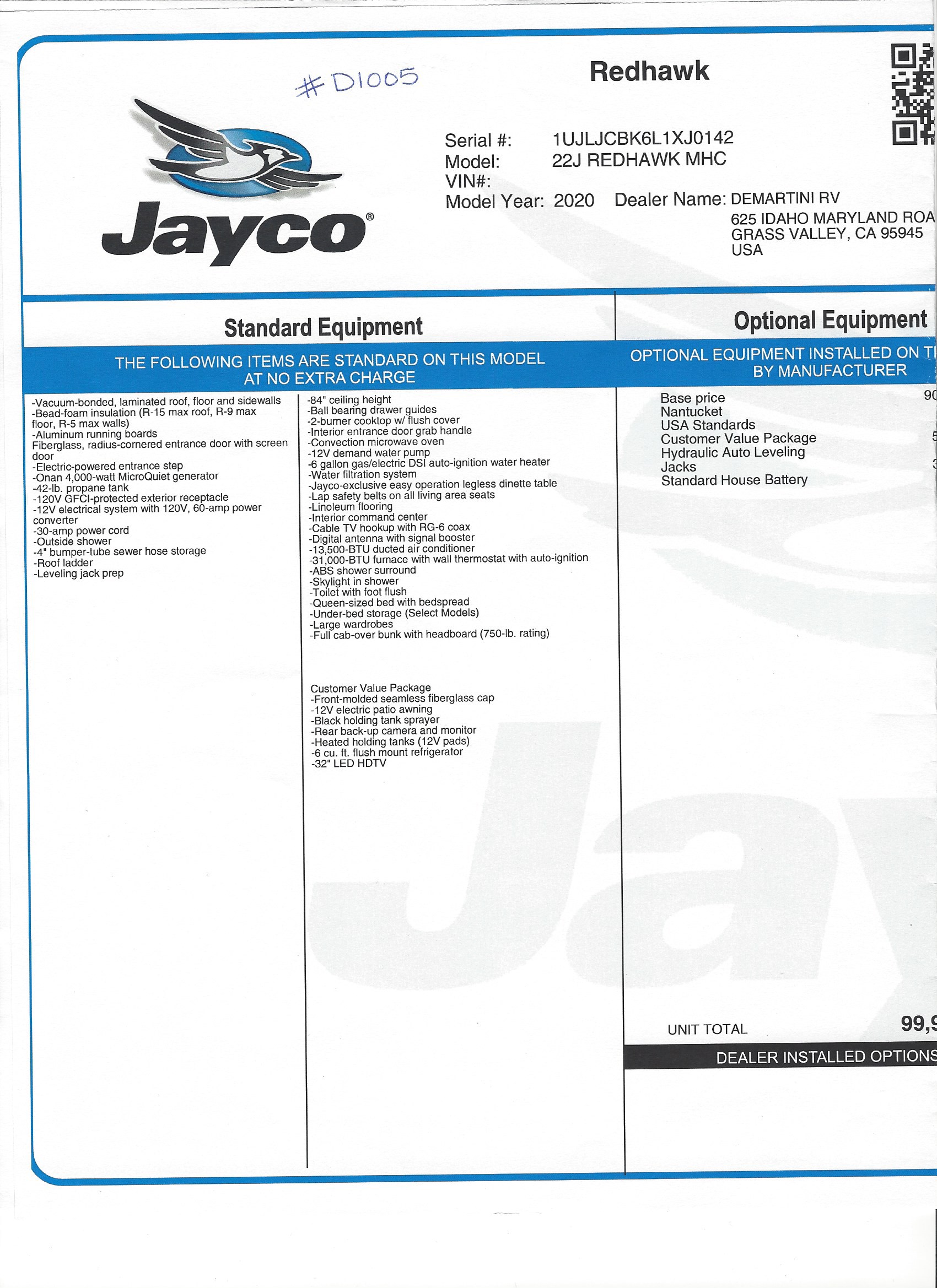 2020 Jayco Redhawk 22J MSRP Sheet