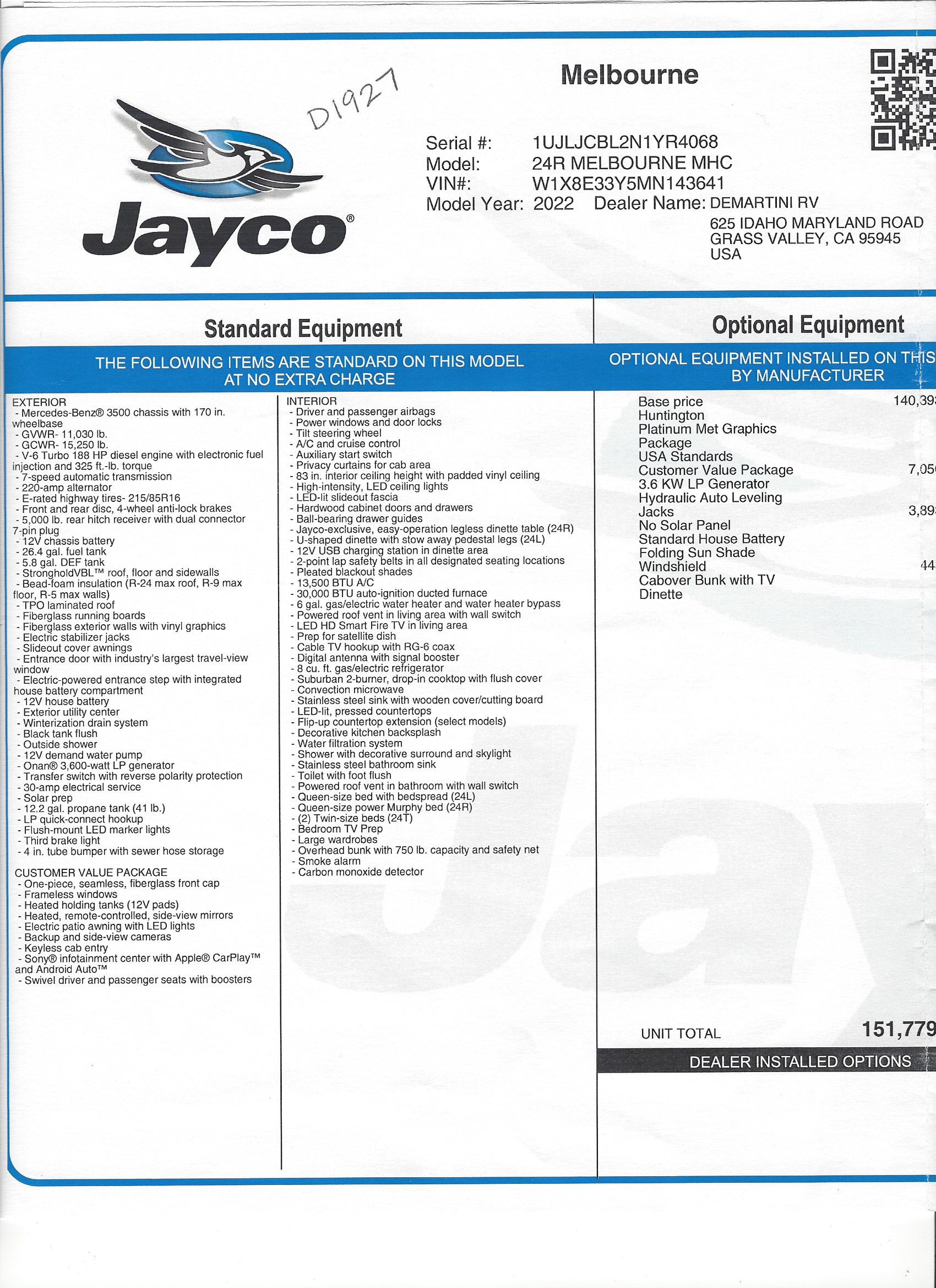 2022 Jayco Melbourne 24R MSRP Sheet
