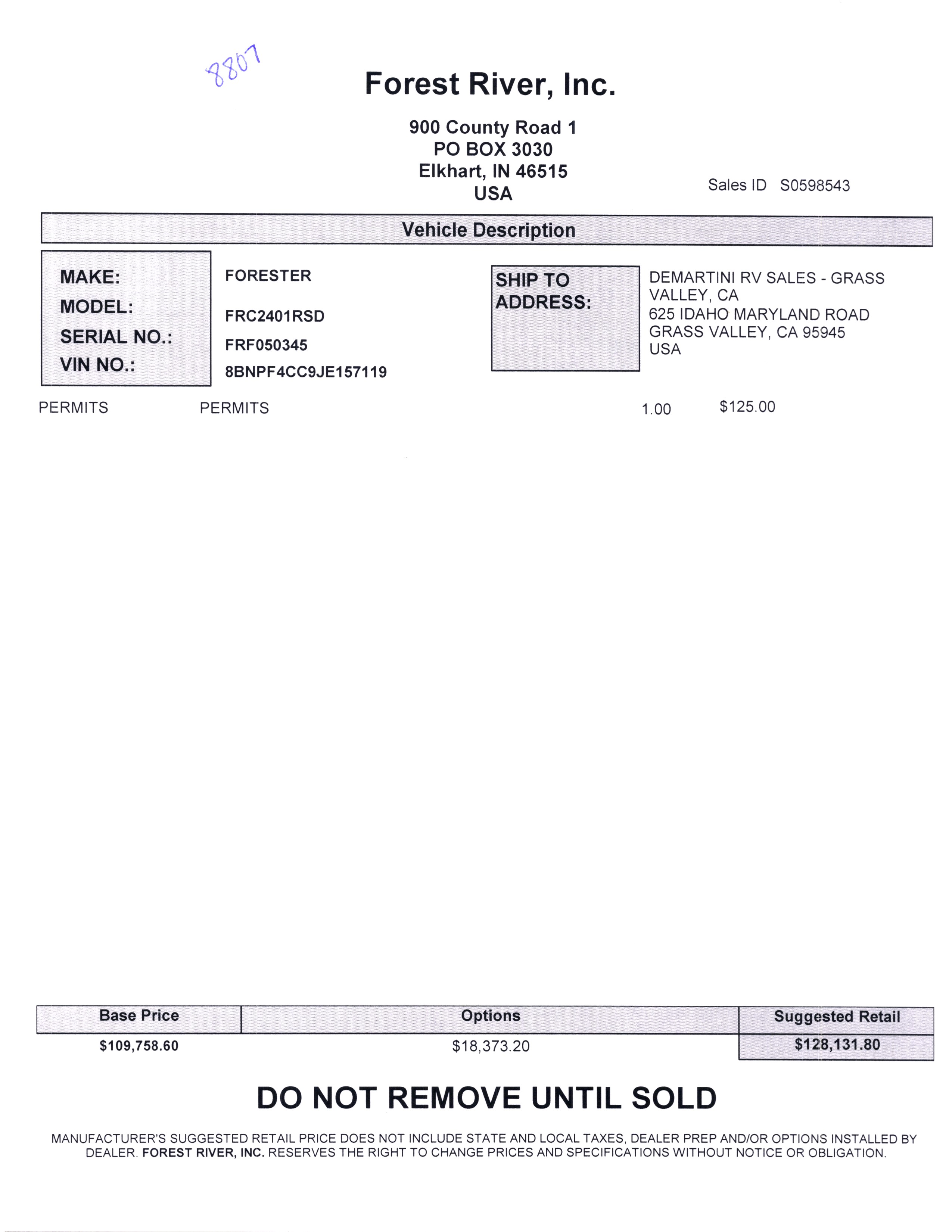 2020 Forest River Forester MBS 2401R MSRP Sheet