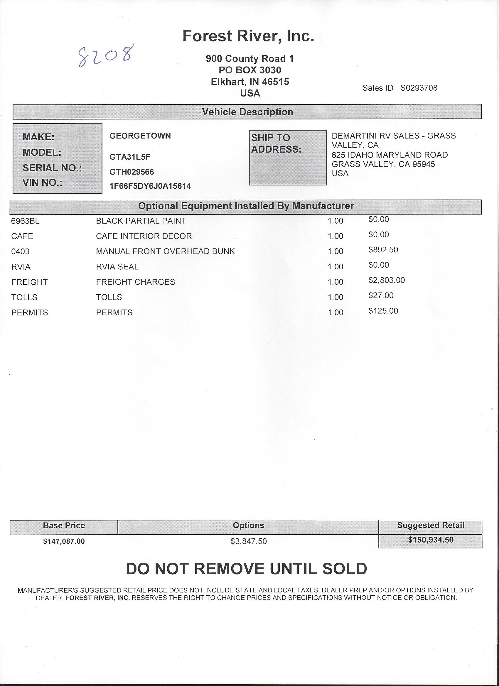 2019 Forest River Georgetown GT5 31L5 MSRP Sheet