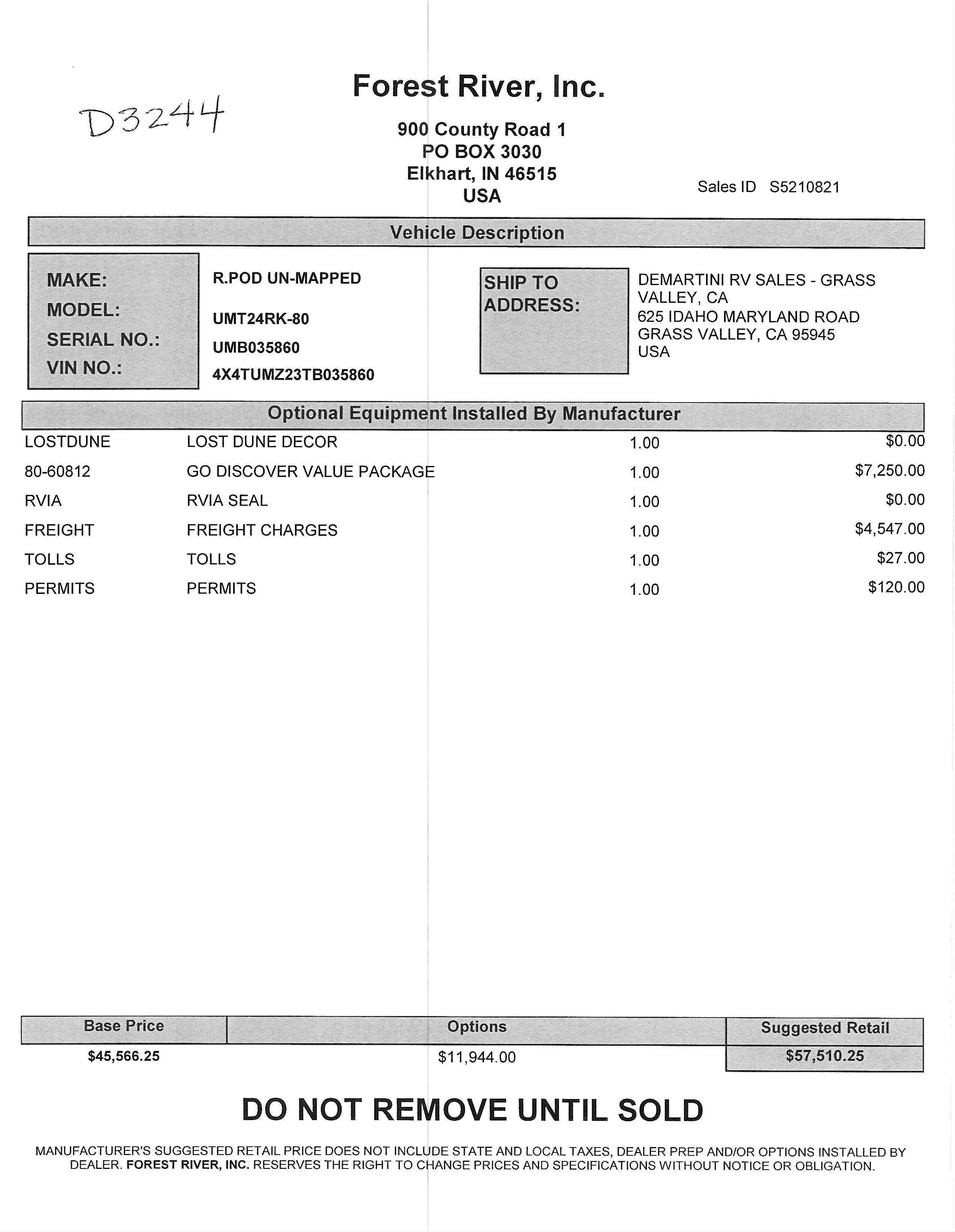 2026 Forest River R-Pod Un-Mapped 24RK MSRP Sheet
