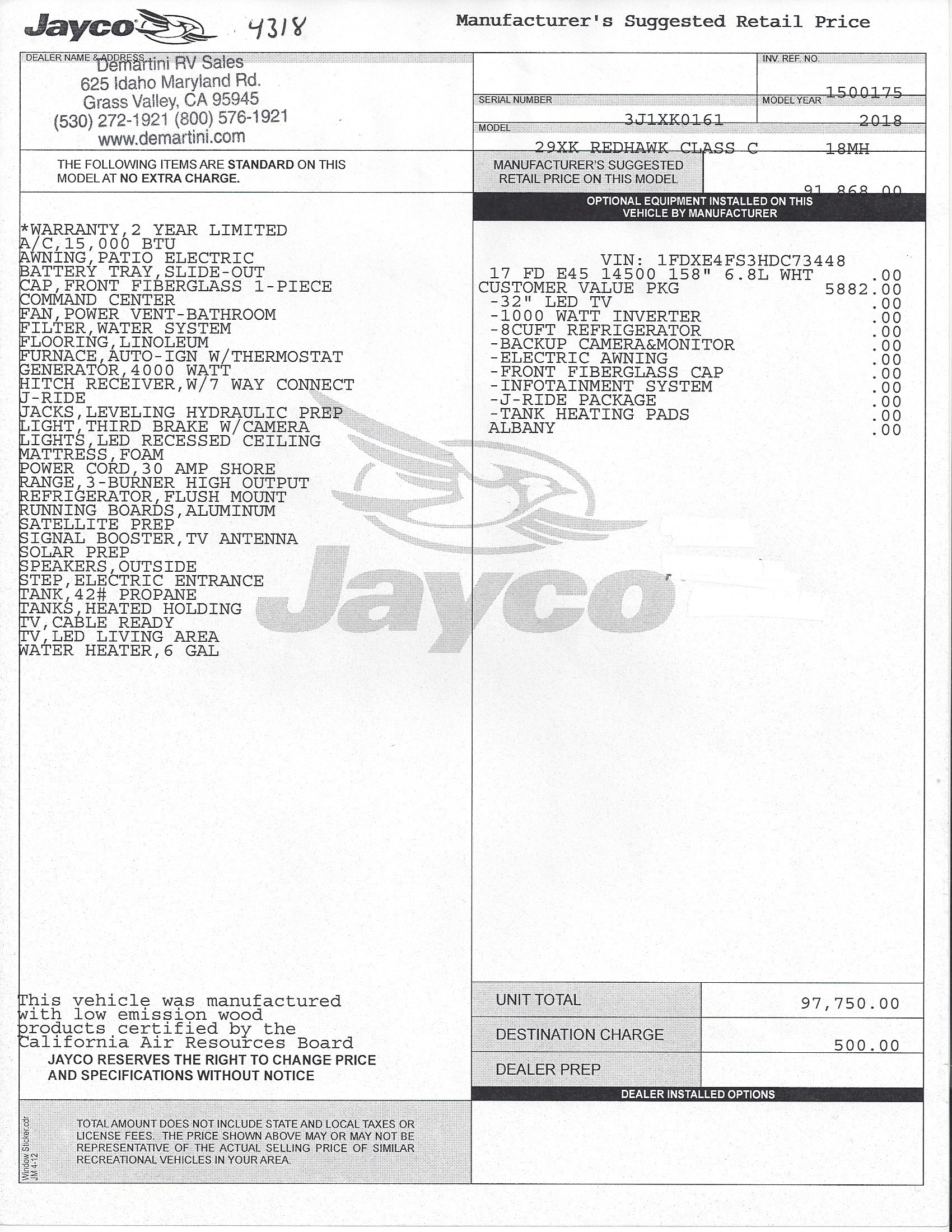 2018 Jayco Redhawk 29XK MSRP Sheet