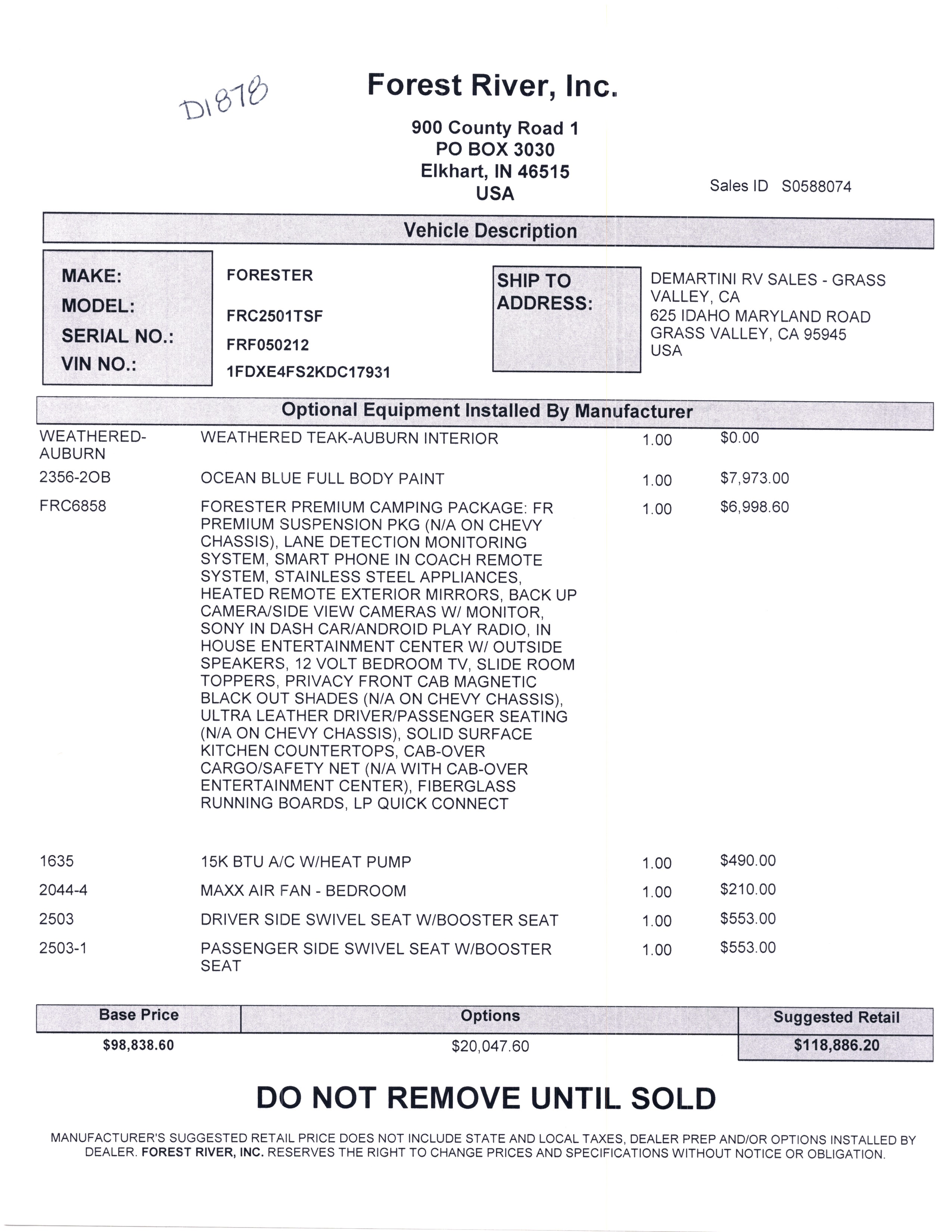 2020 Forest River Forester Classic 2501TS MSRP Sheet