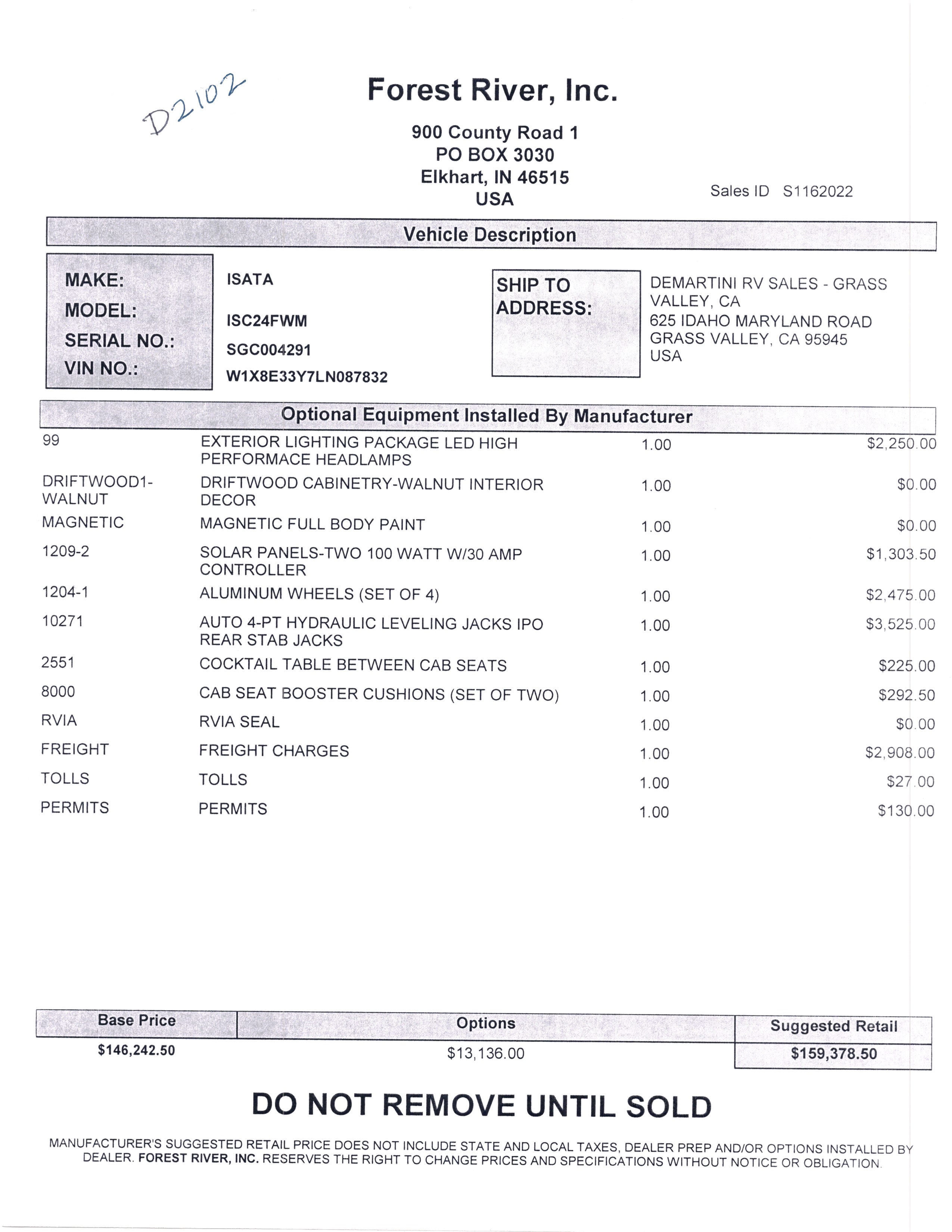 2021 Dynamax Isata 3 24FW MSRP Sheet