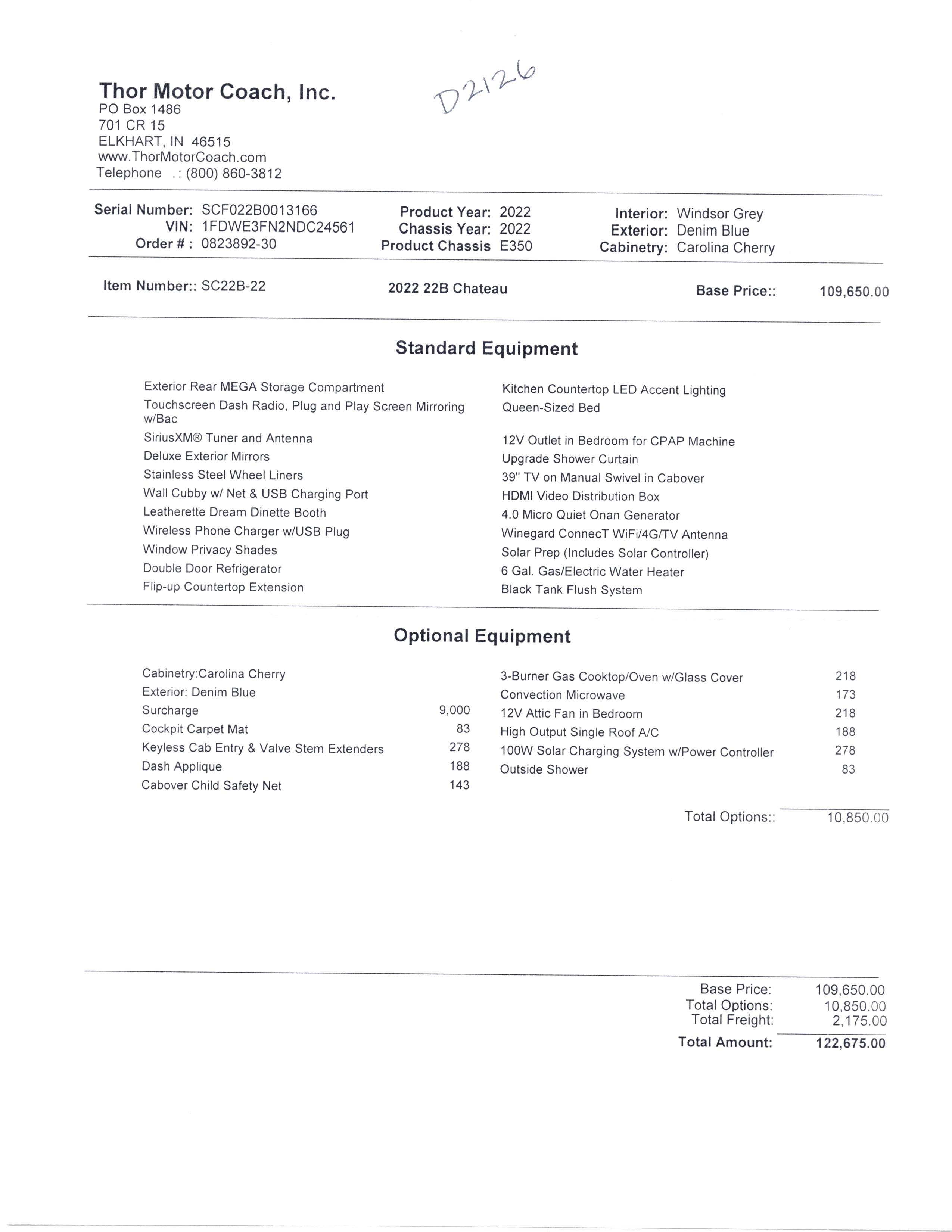 2022 Thor Chateau 22B MSRP Sheet