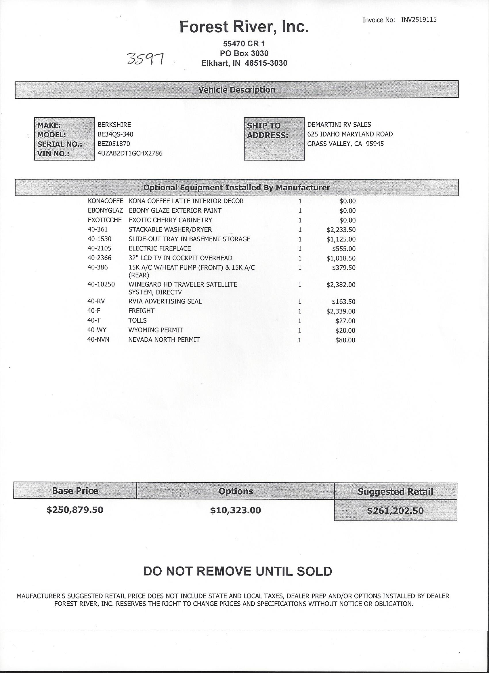 2017 Forest River Berkshire 34QS MSRP Sheet