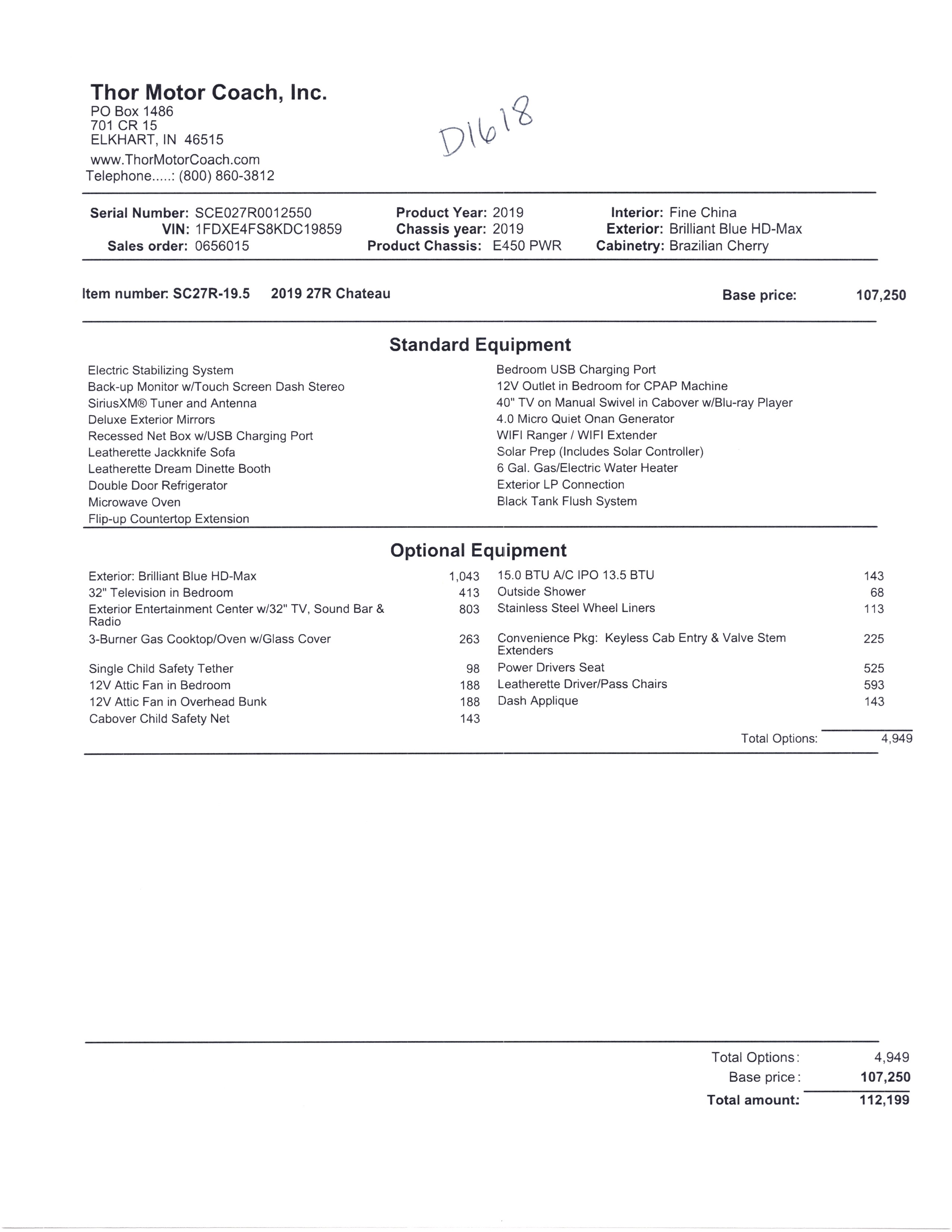 2019 Thor Chateau 27R MSRP Sheet