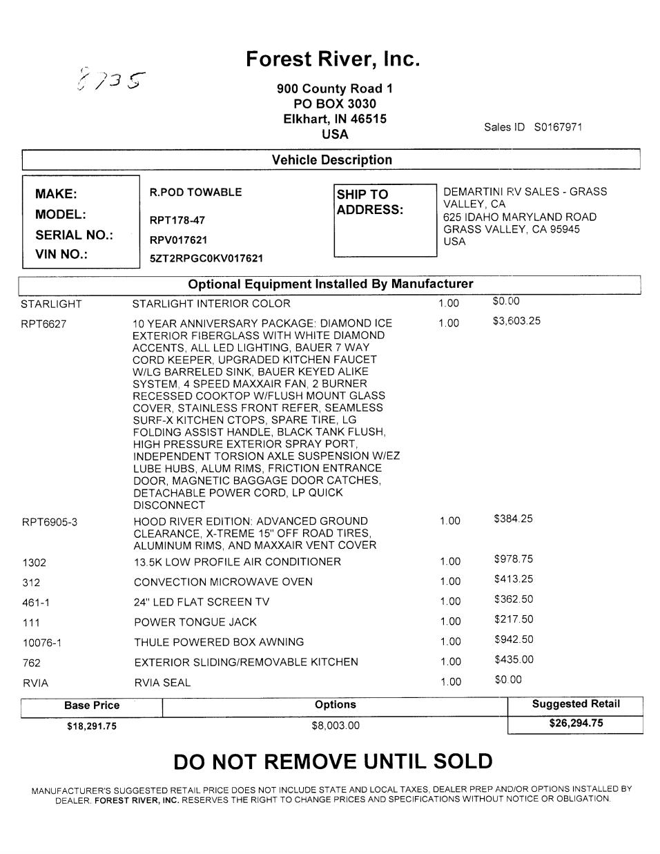 2019 Forest River R-Pod 178 MSRP Sheet