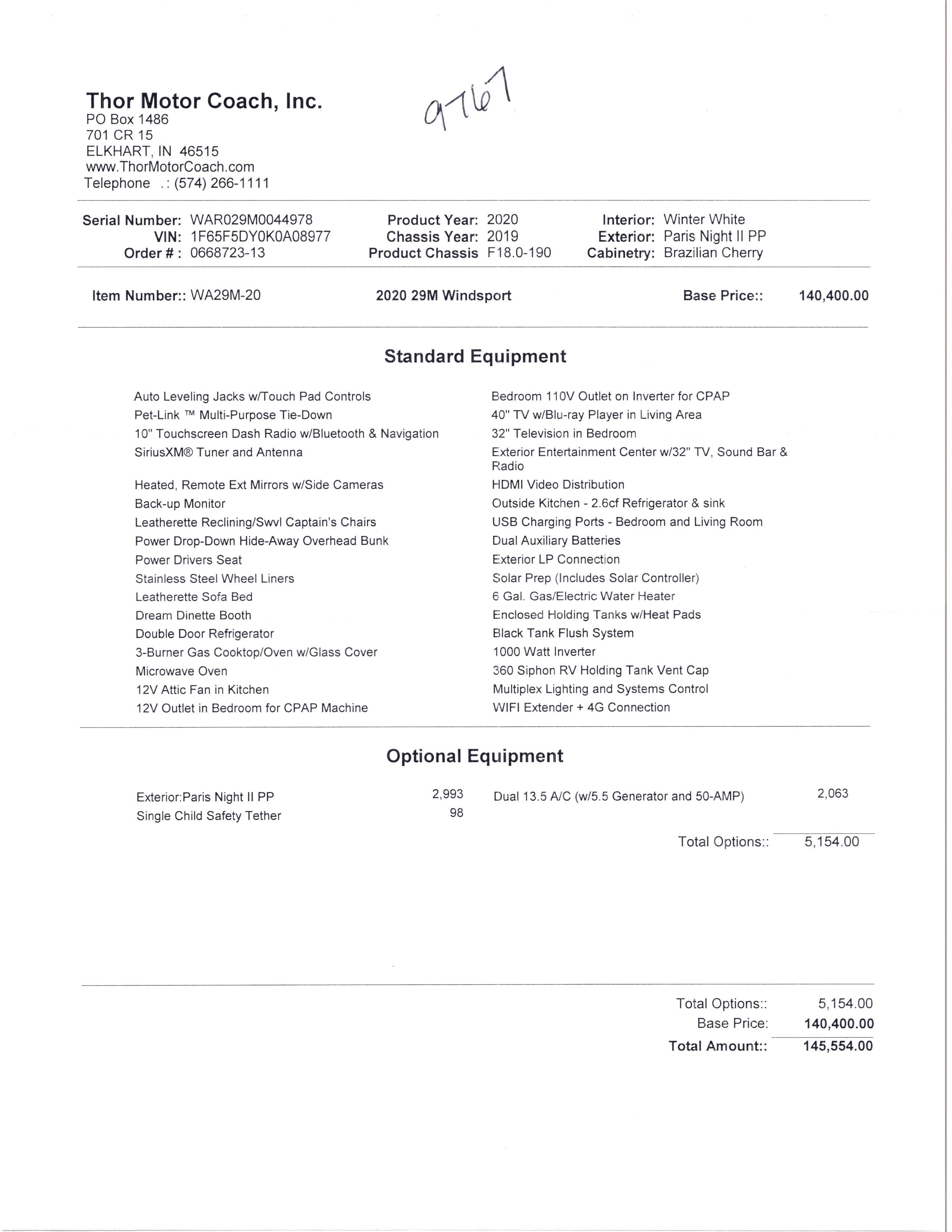 2020 Thor Windsport 29M MSRP Sheet