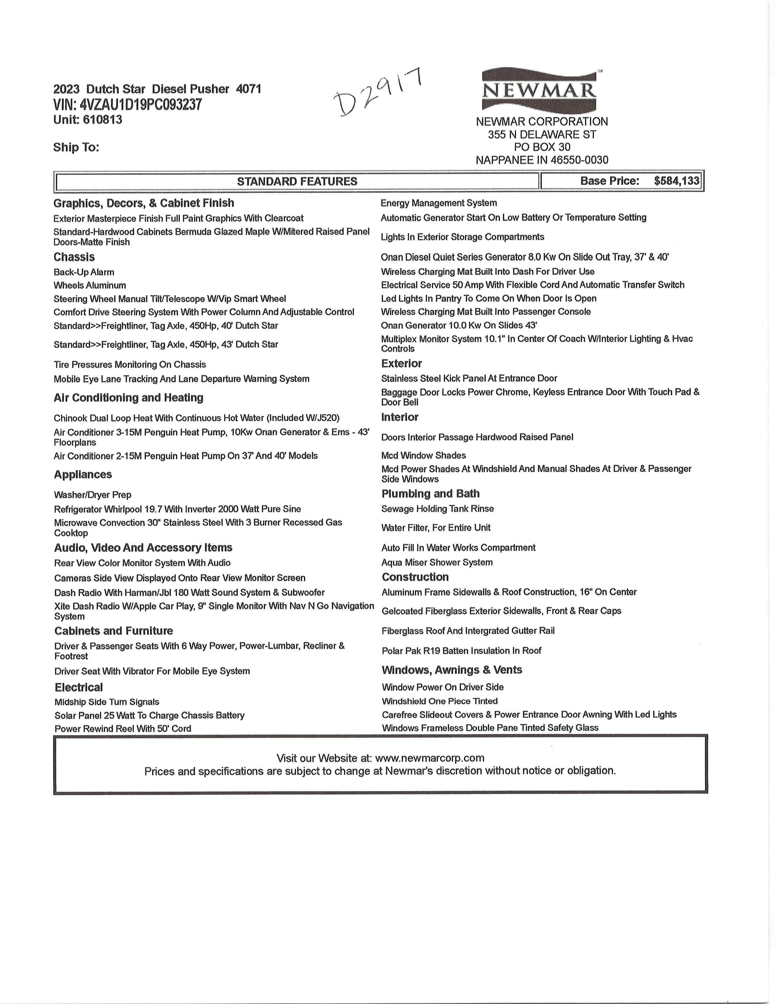 2023 Newmar Dutch Star 4071 MSRP Sheet