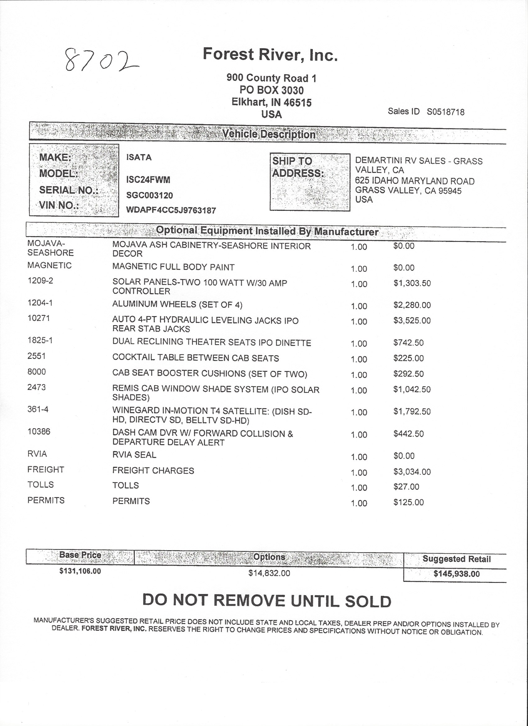 2019 Dynamax Isata 3 24FW MSRP Sheet