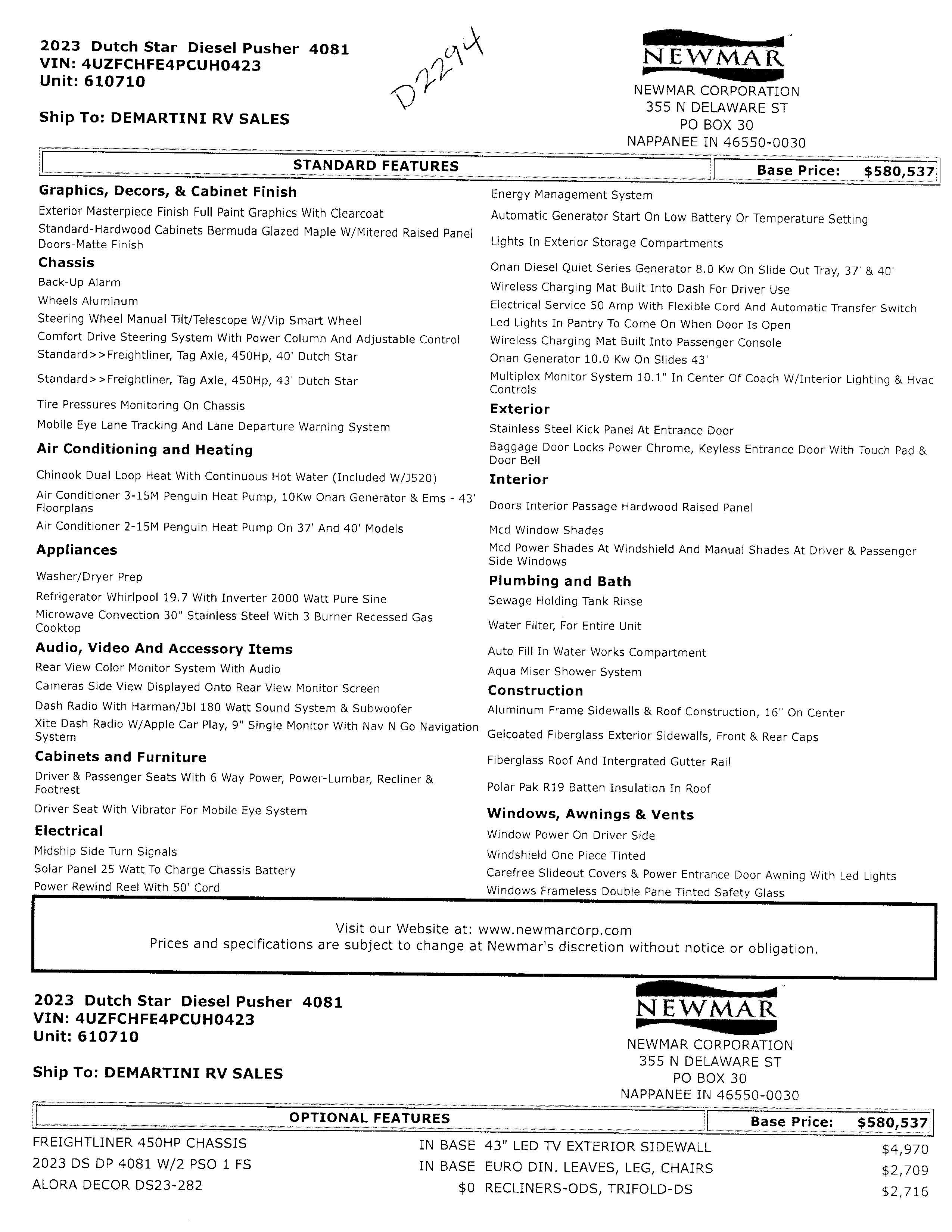 2023 Newmar Dutch Star 4081 MSRP Sheet