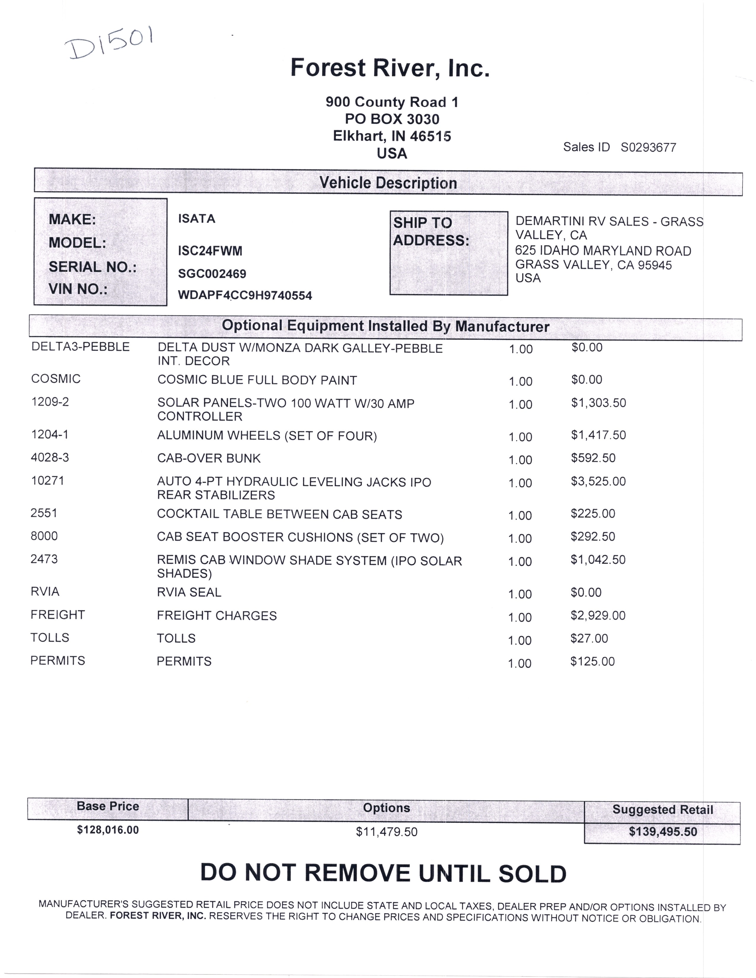 2019 Dynamax Isata 3 24FW MSRP Sheet