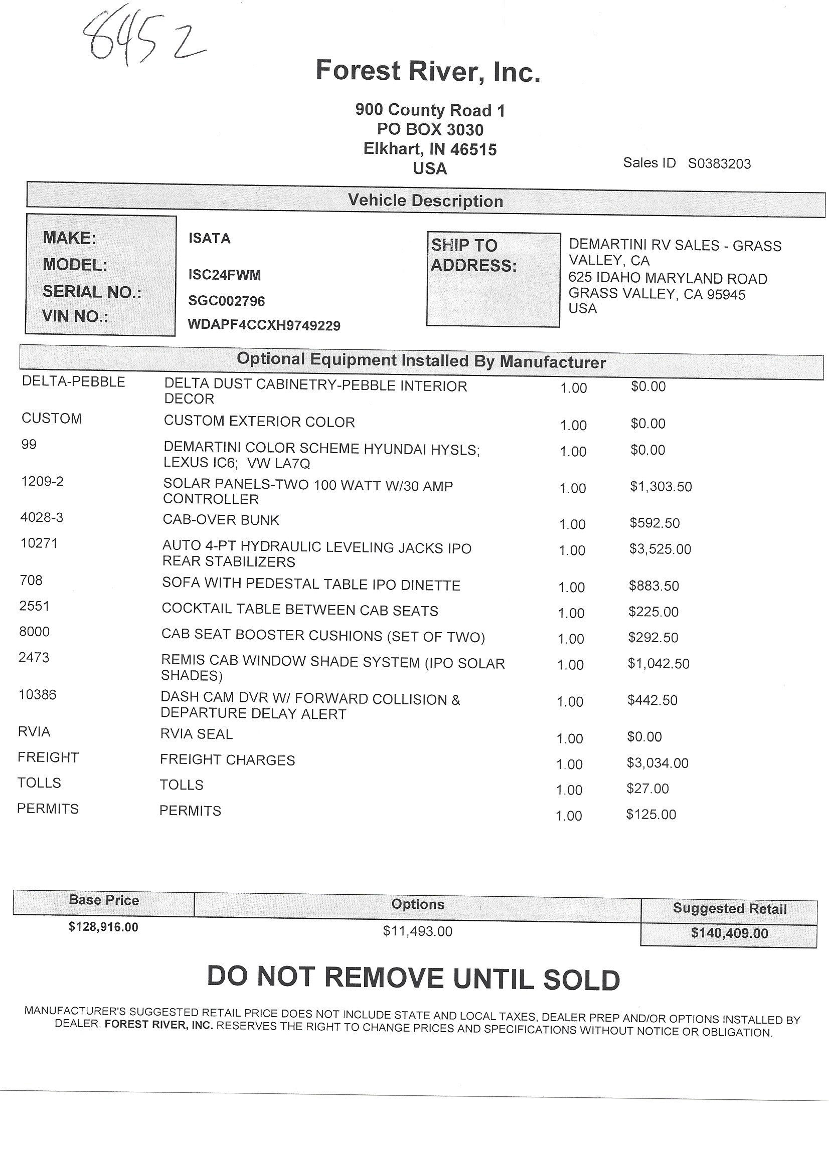 2019 Dynamax Isata 3 24FW MSRP Sheet