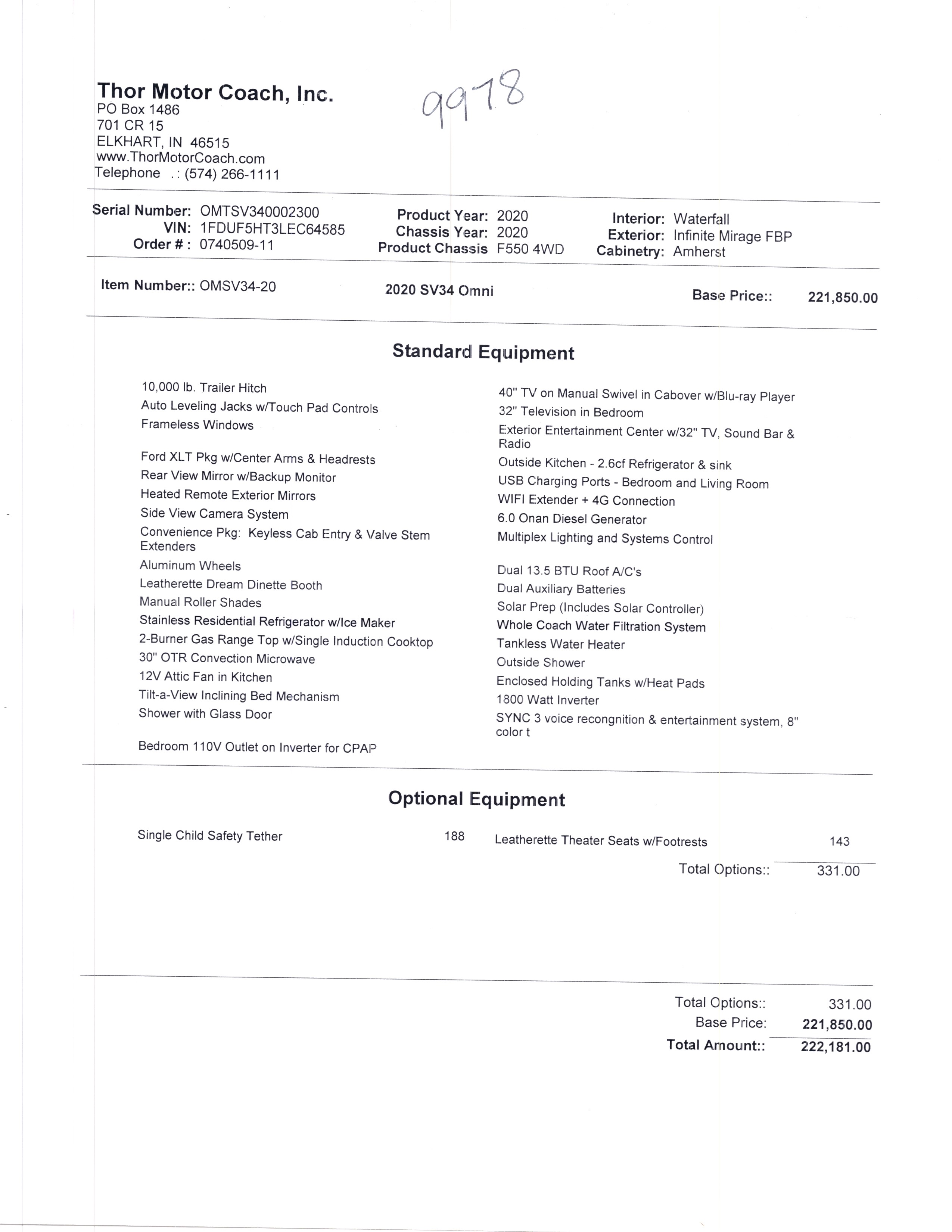 2020 Thor Omni 4x4 SV34 MSRP Sheet