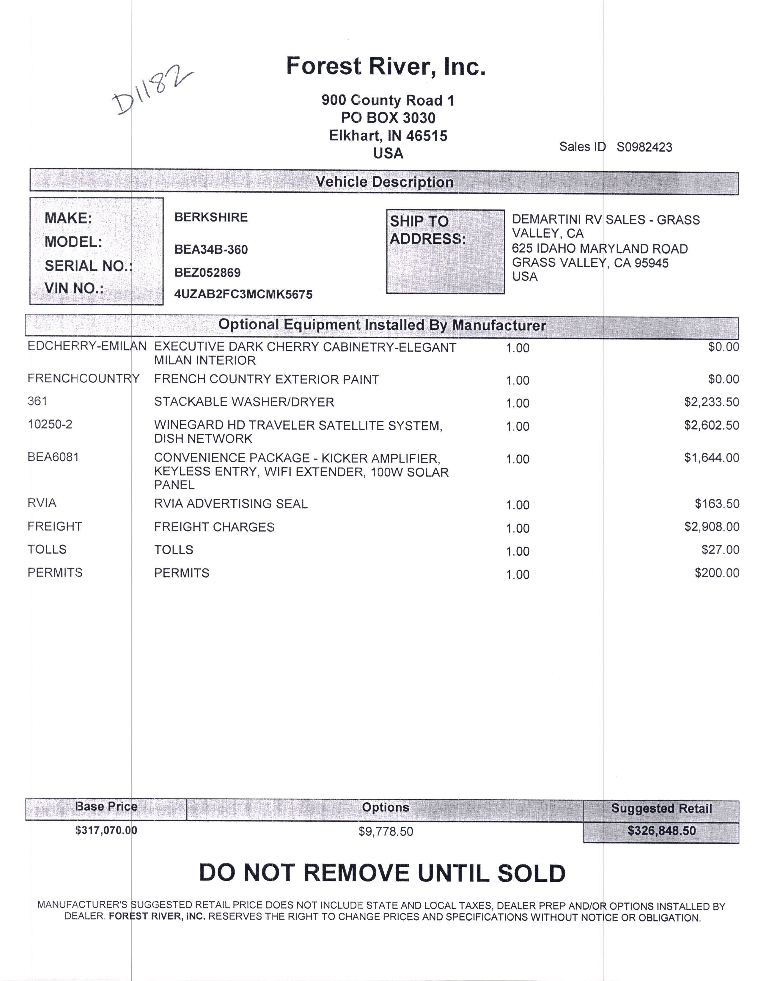 2021 Forest River Berkshire 34B MSRP Sheet