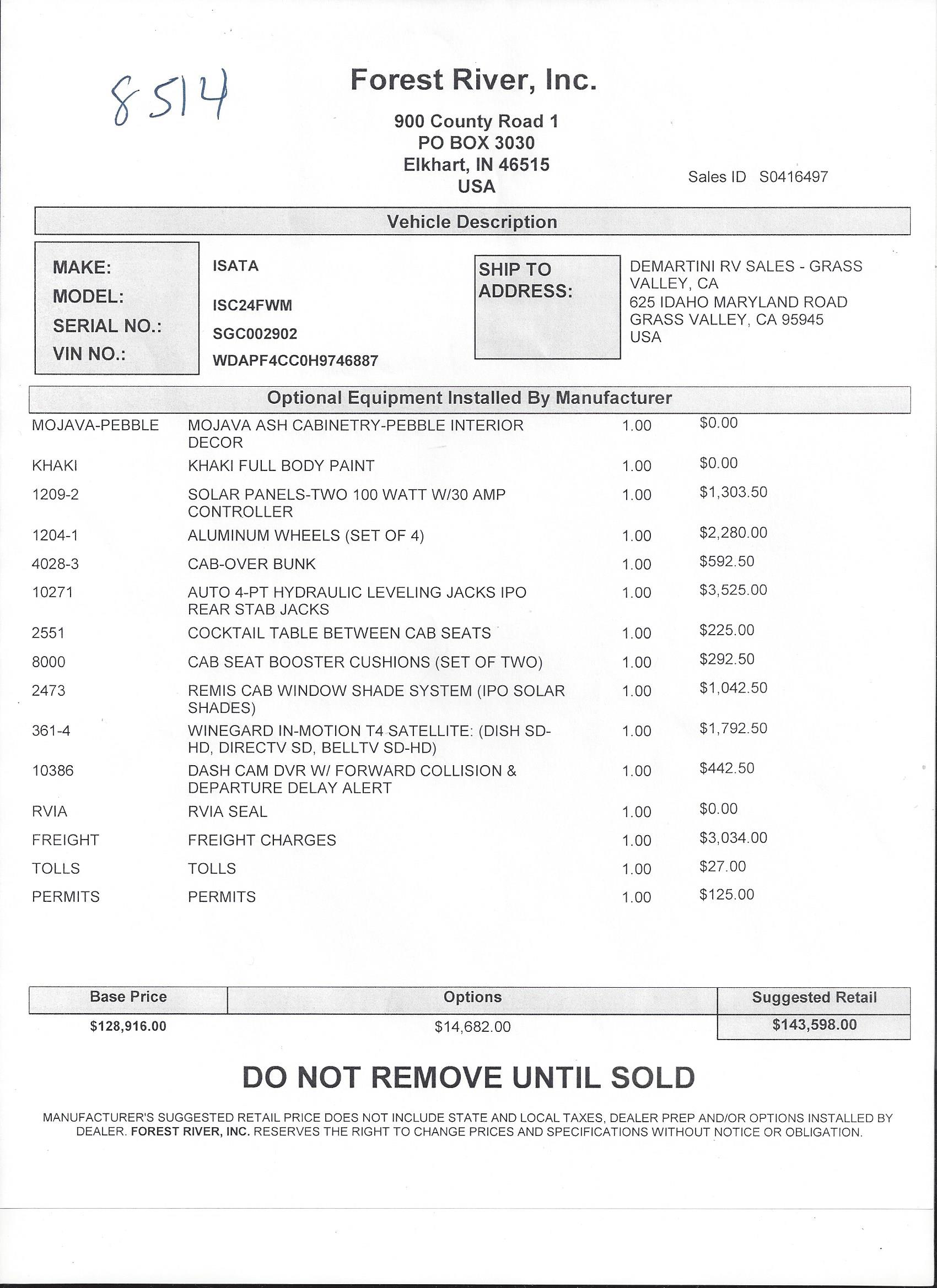 2019 Dynamax Isata 3 24FW MSRP Sheet