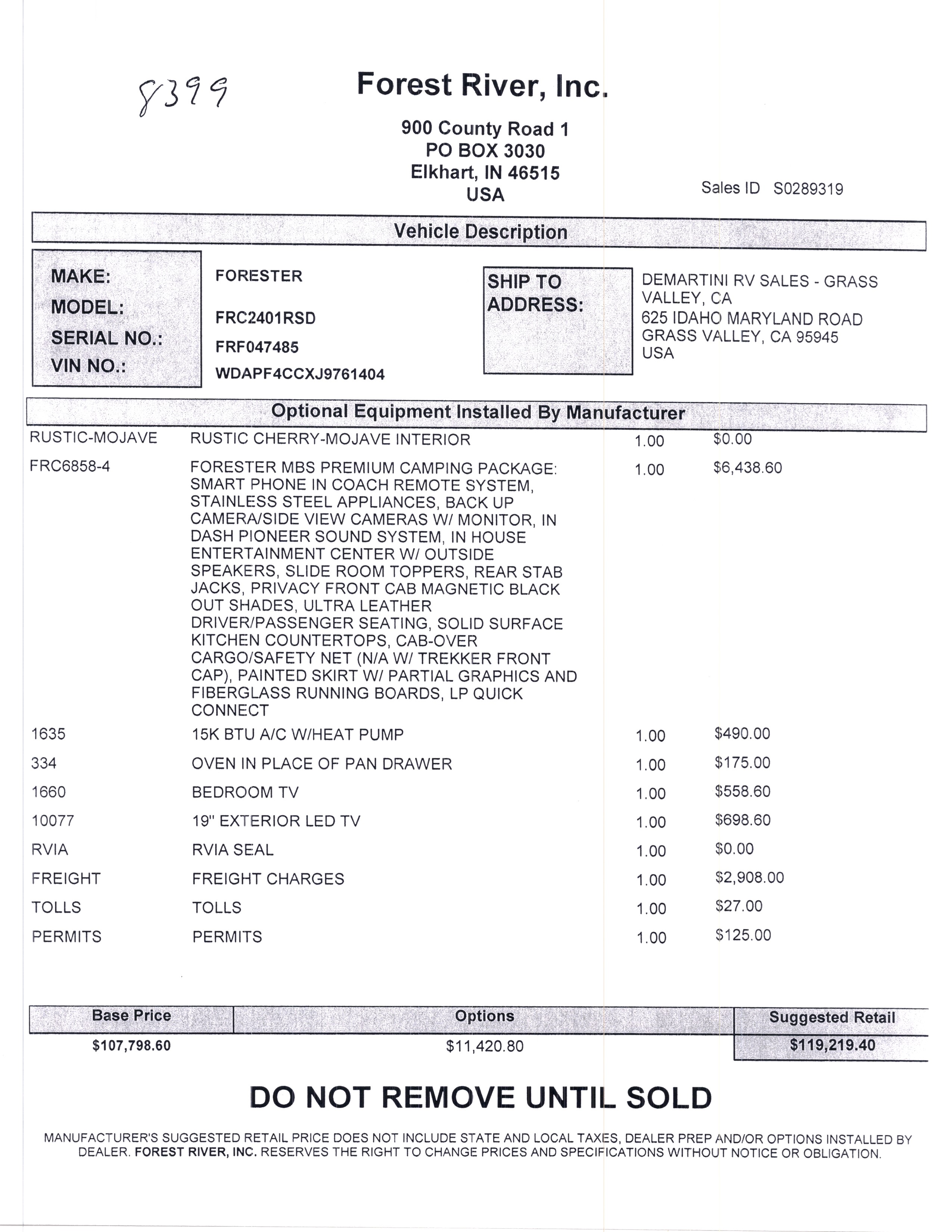 2019 Forest River Forester MBS 2401R MSRP Sheet