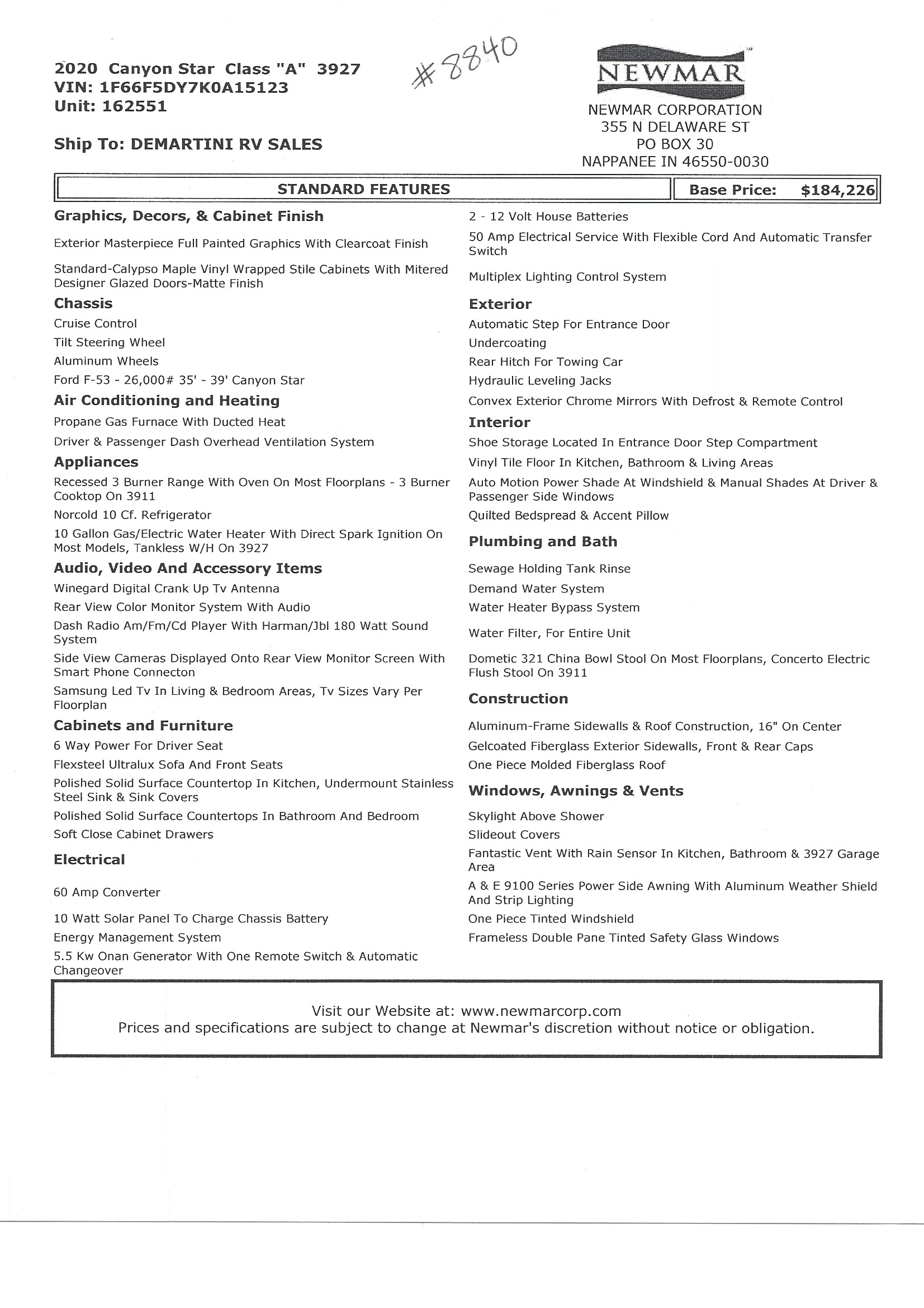 2020 Newmar Canyon Star 3927 MSRP Sheet