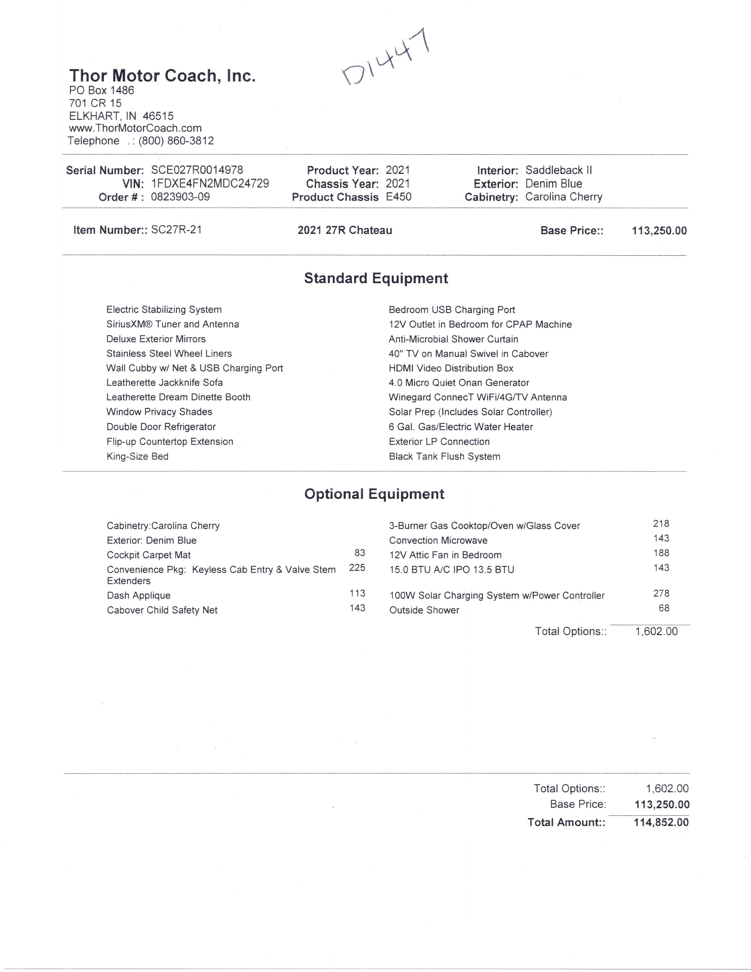 2021 Thor Chateau 27R MSRP Sheet