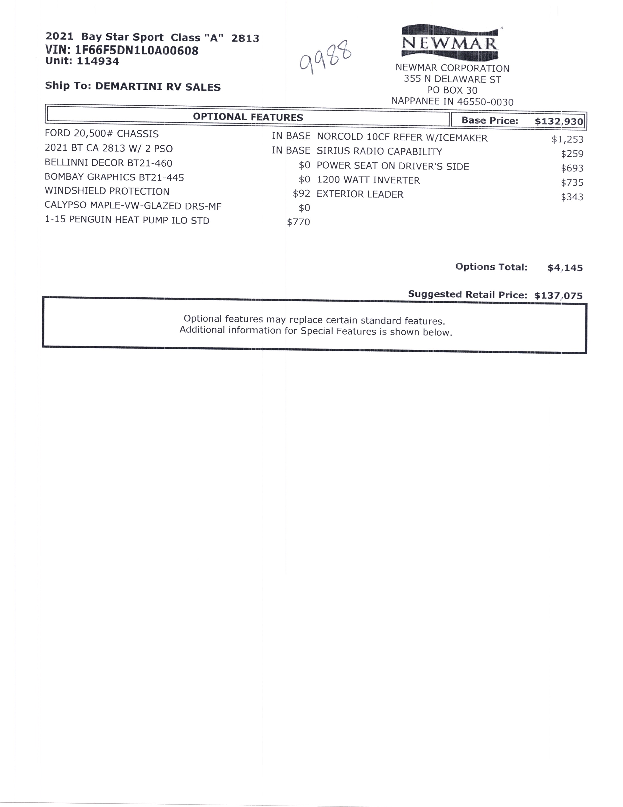 2021 Newmar Bay Star Sport 2813 MSRP Sheet