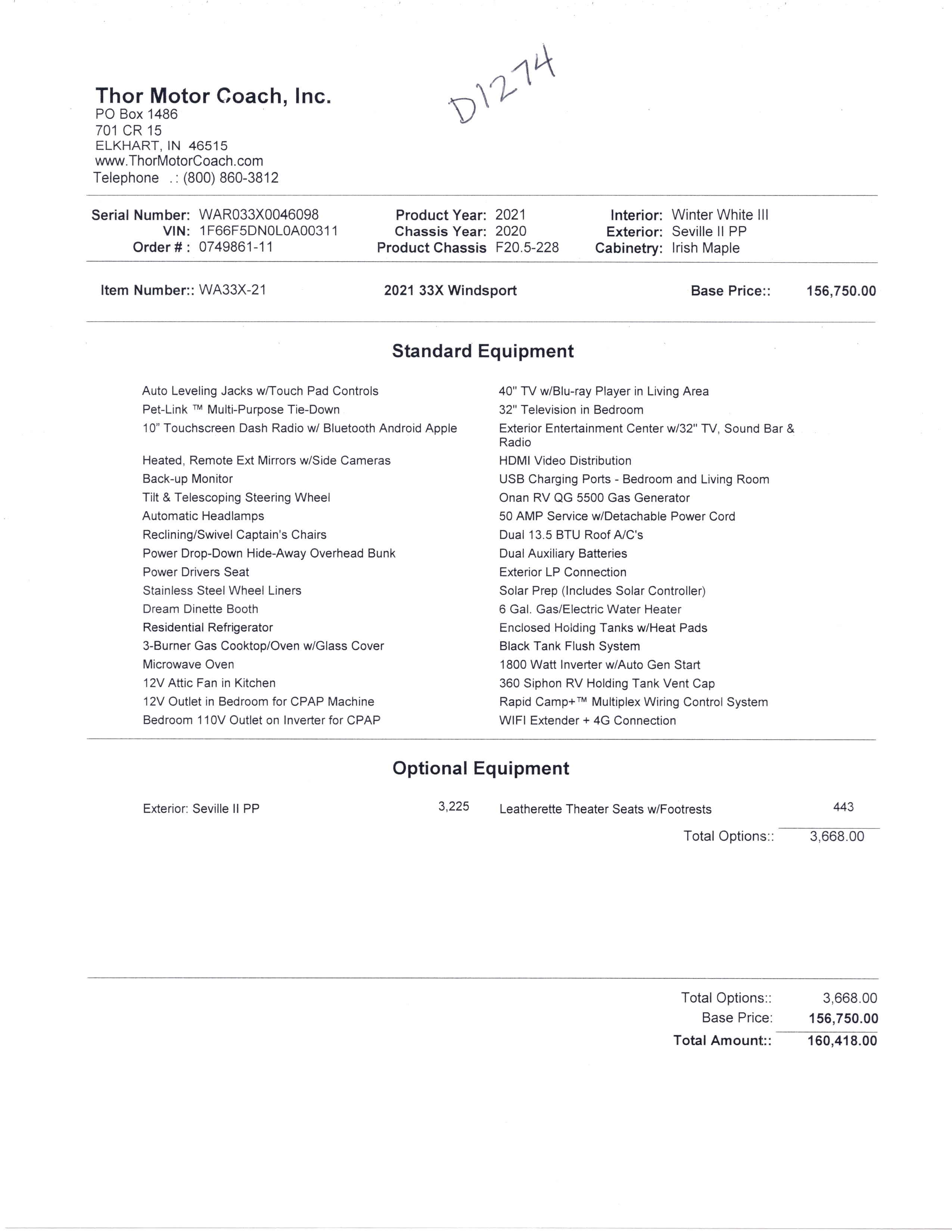 2021 Thor Windsport 33X MSRP Sheet