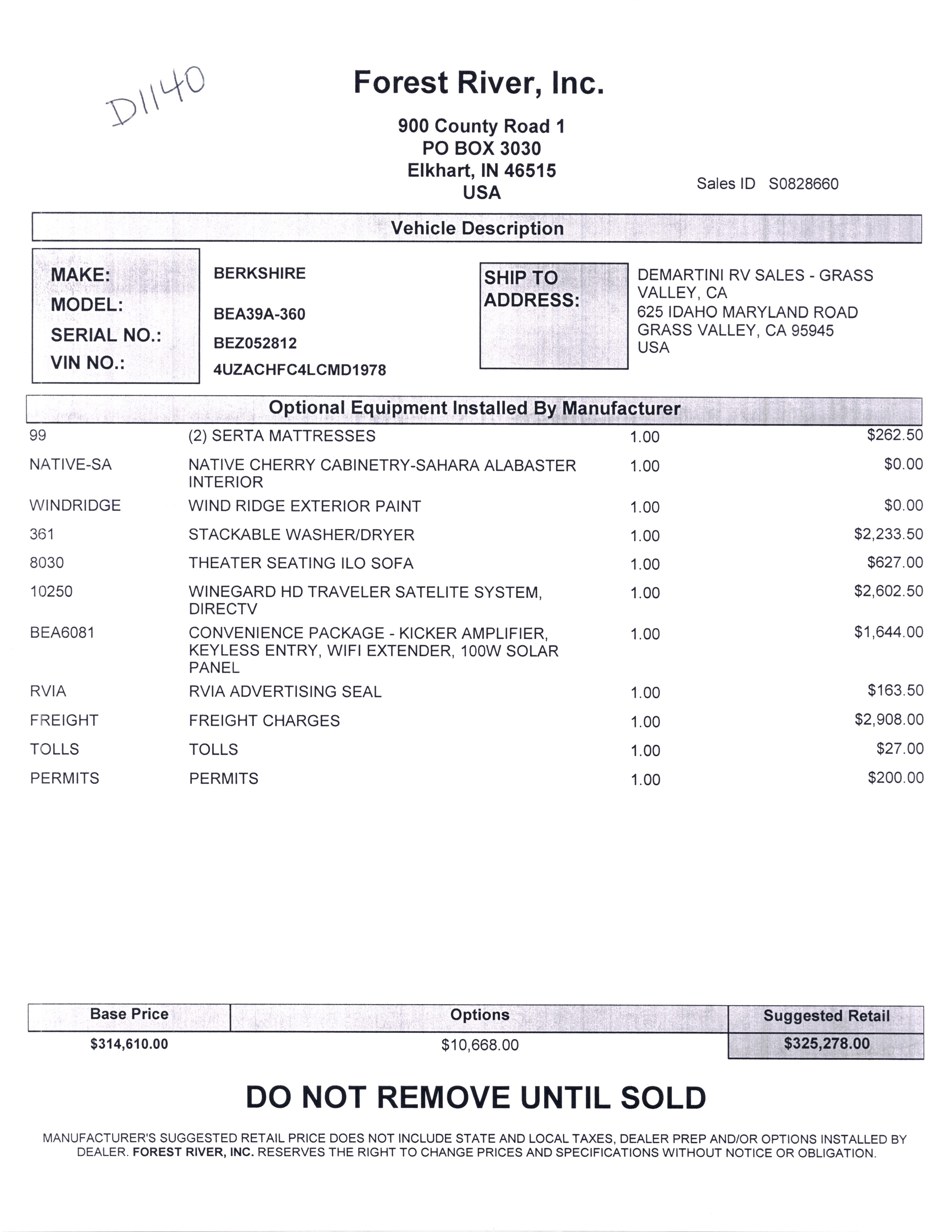 2021 Forest River Berkshire 39A MSRP Sheet