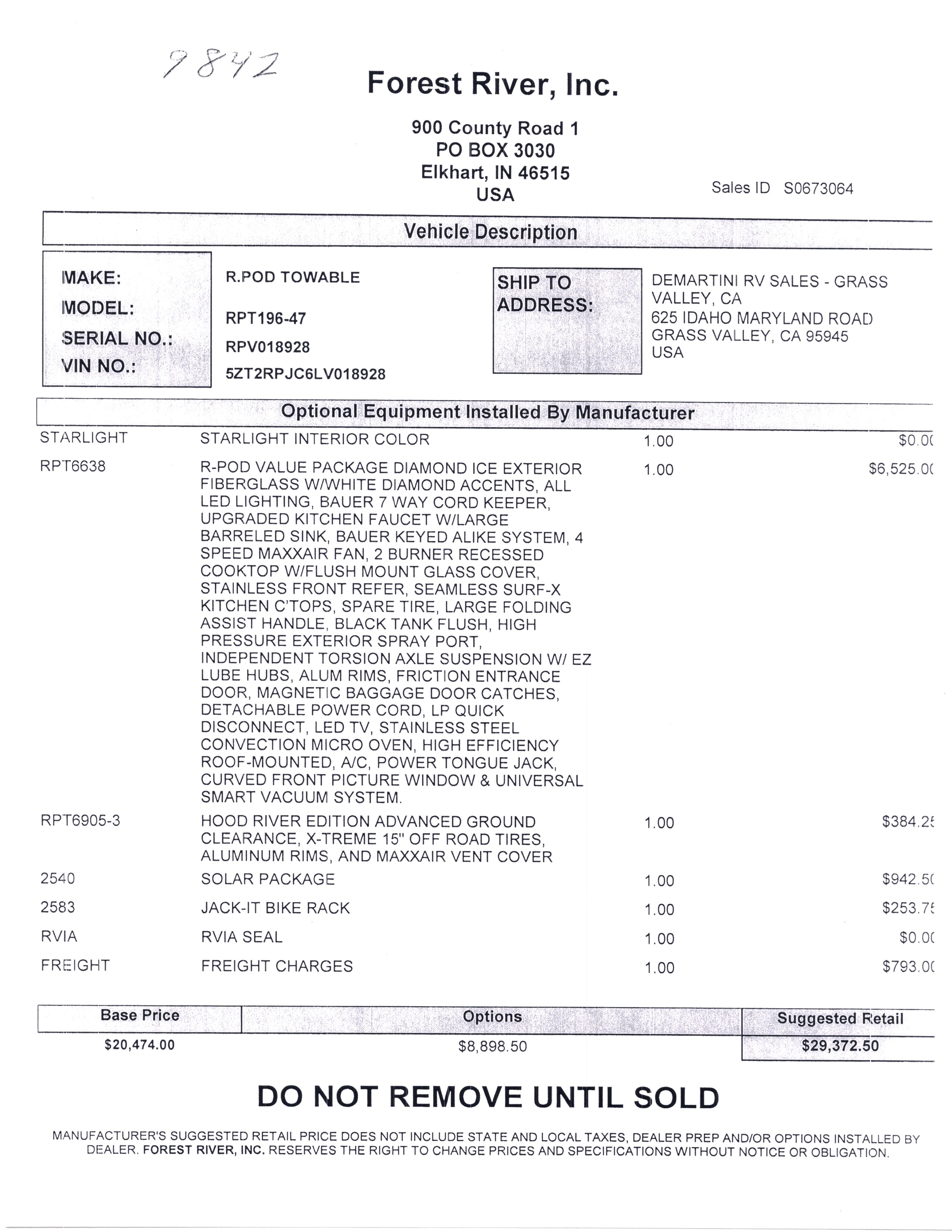 2020 Forest River R-Pod 196 MSRP Sheet