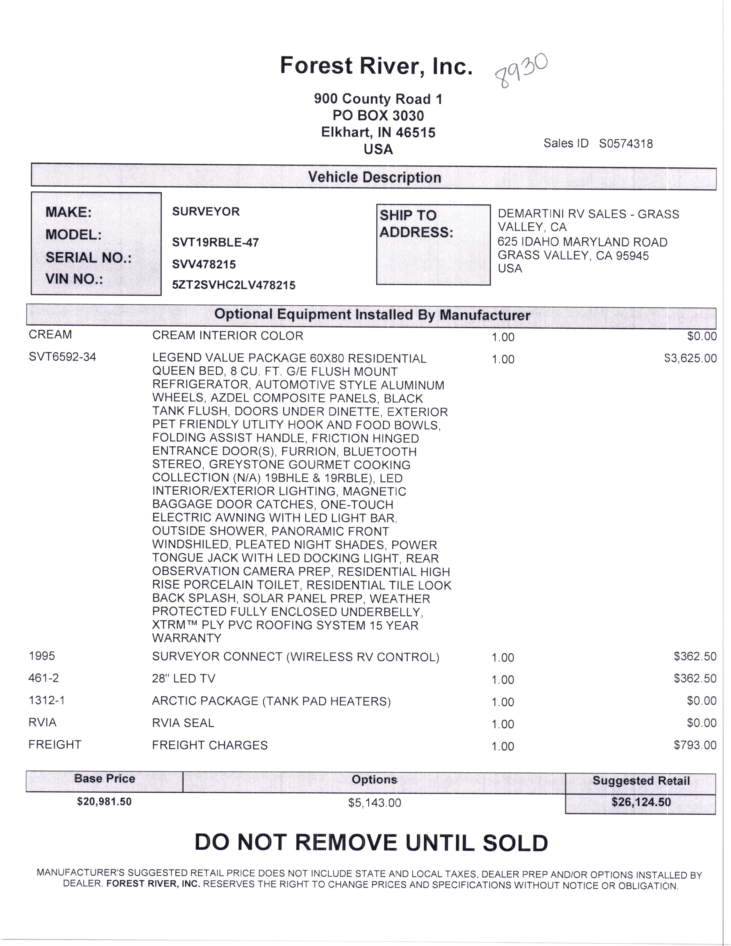 2020 Forest River Surveyor Legend 19RBLE MSRP Sheet