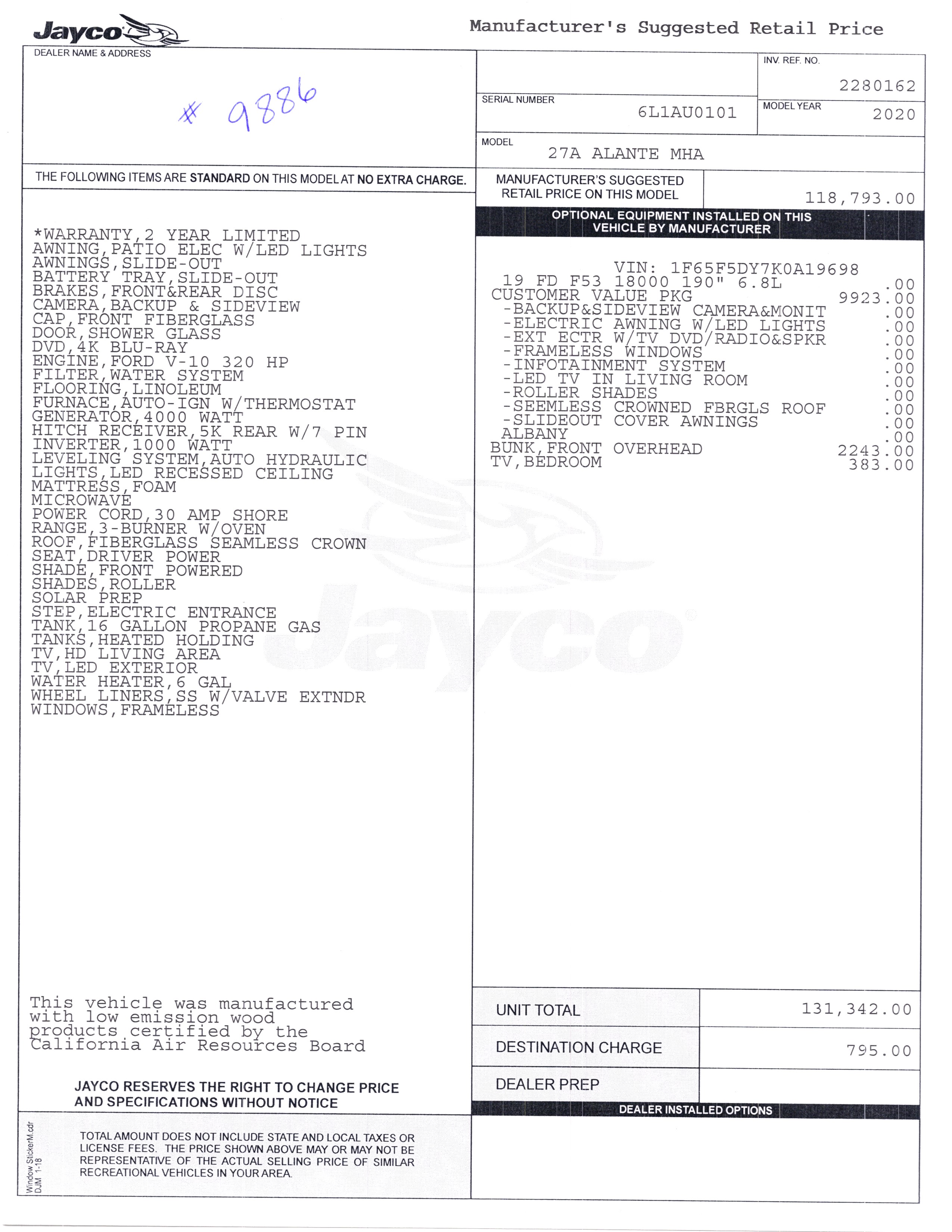 2020 Jayco Alante 27A MSRP Sheet