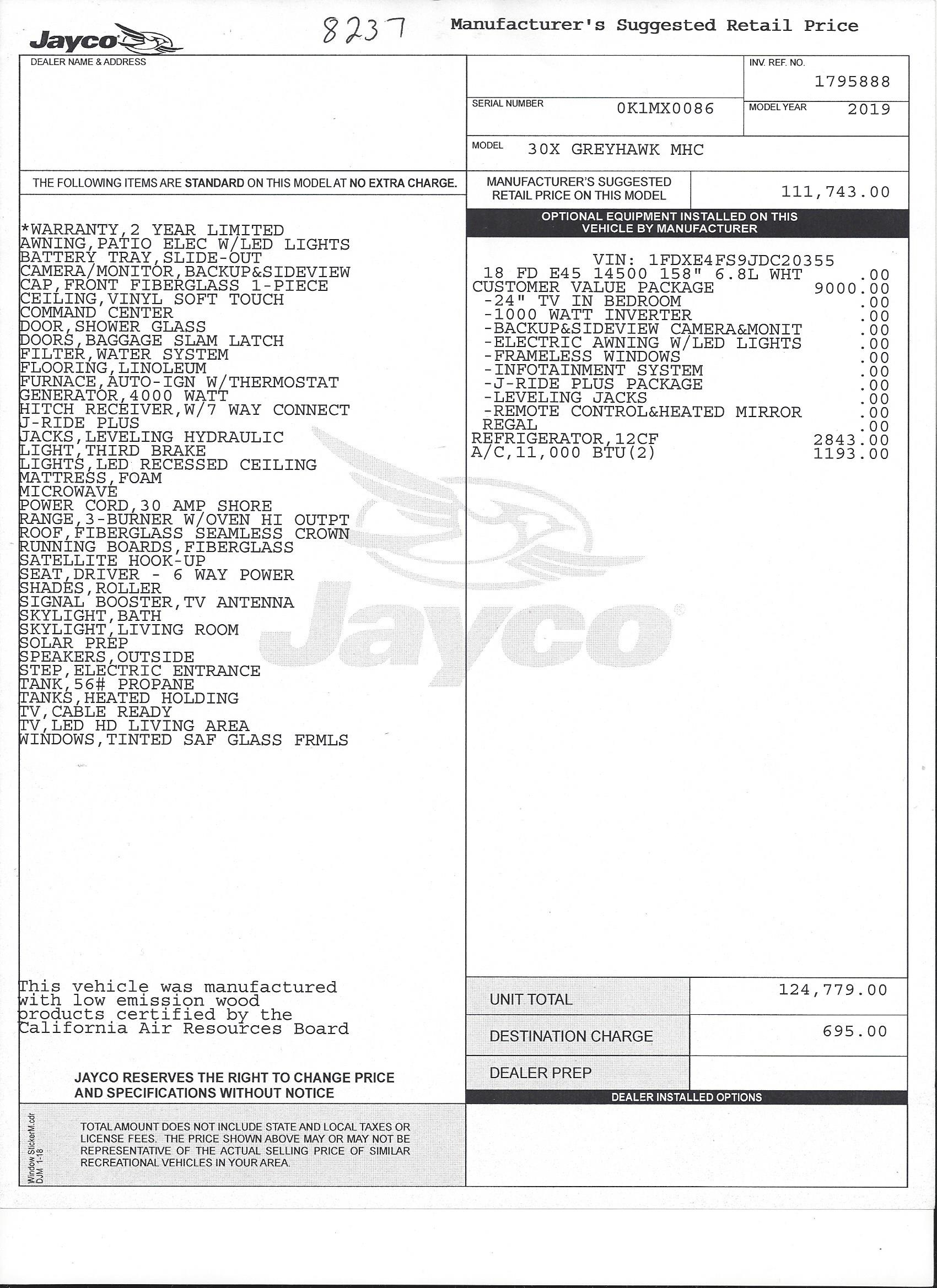 2019 Jayco Greyhawk 30X MSRP Sheet