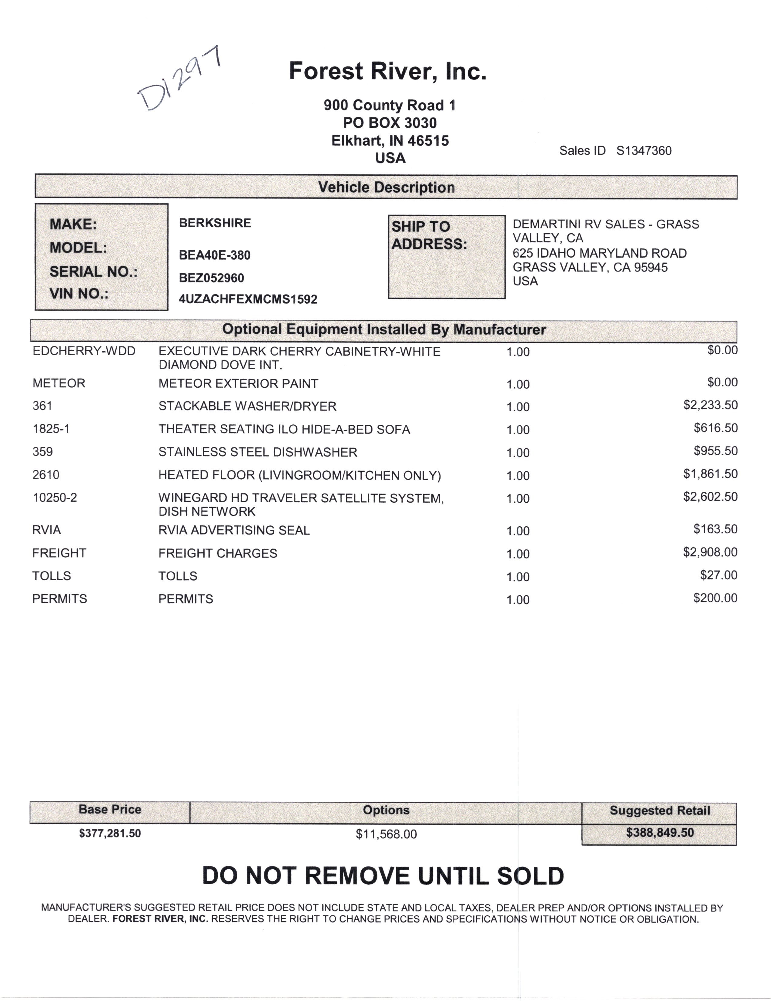 2021 Forest River Berkshire XL 40E MSRP Sheet