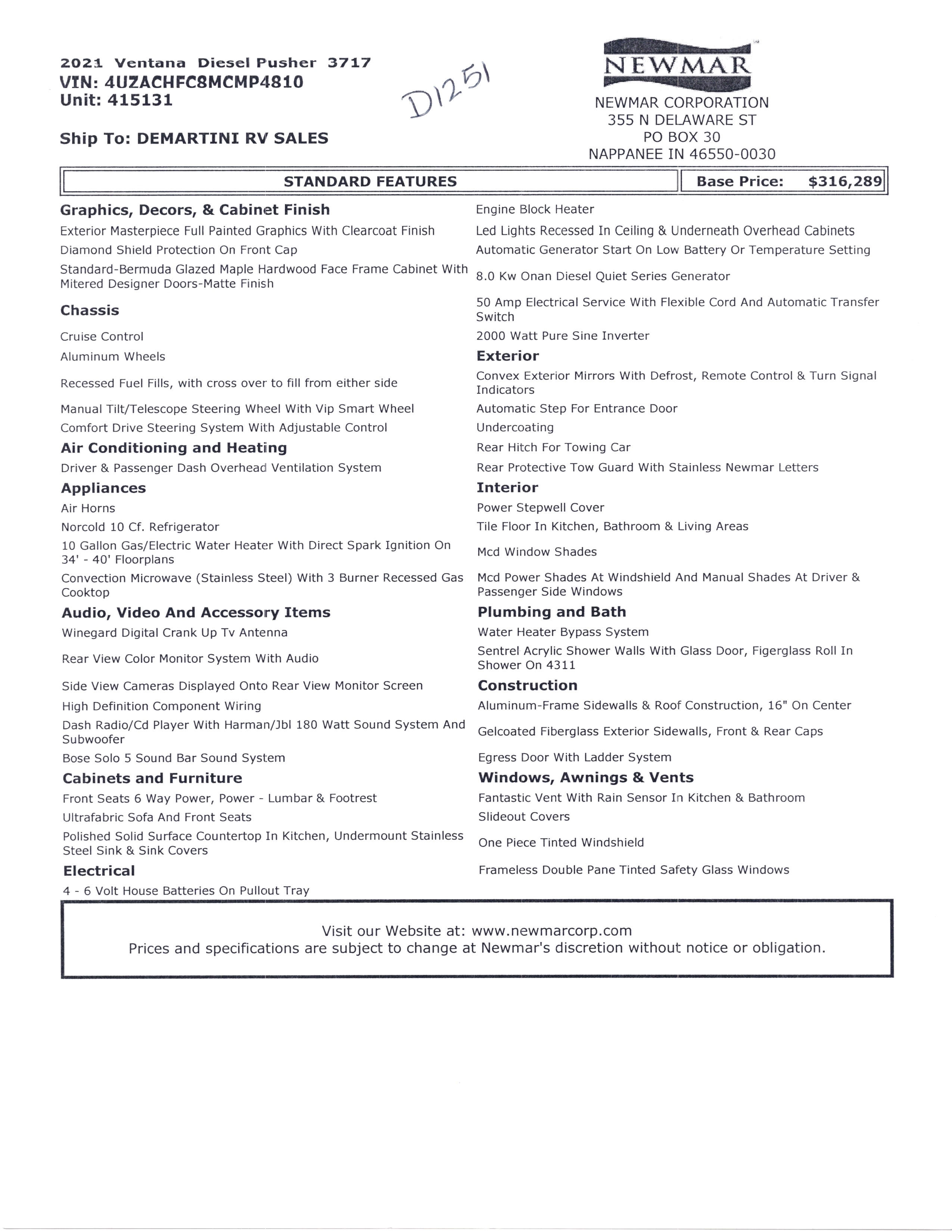 2021 Newmar Ventana 3717 MSRP Sheet