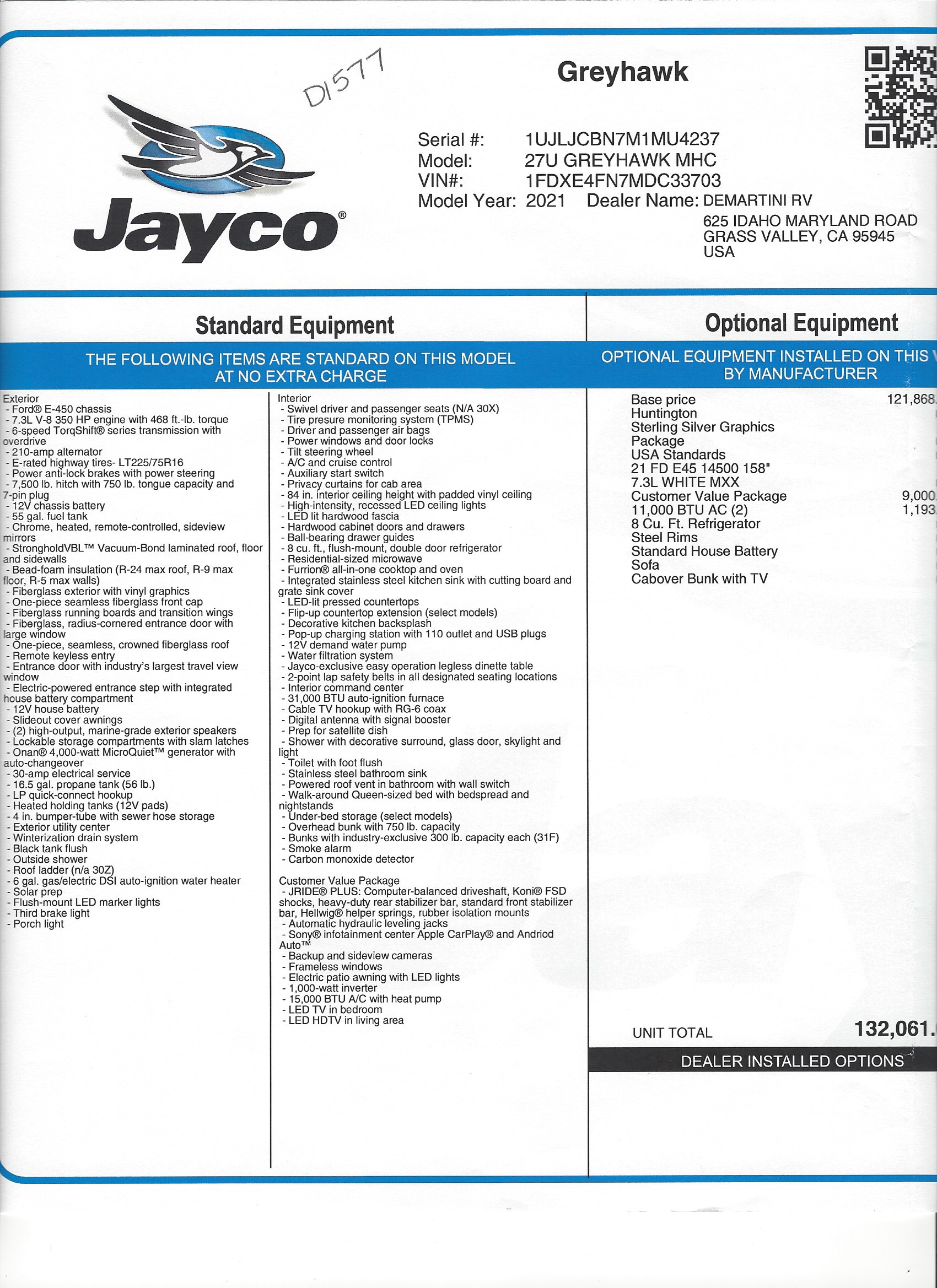 2021 Jayco Greyhawk 27U MSRP Sheet