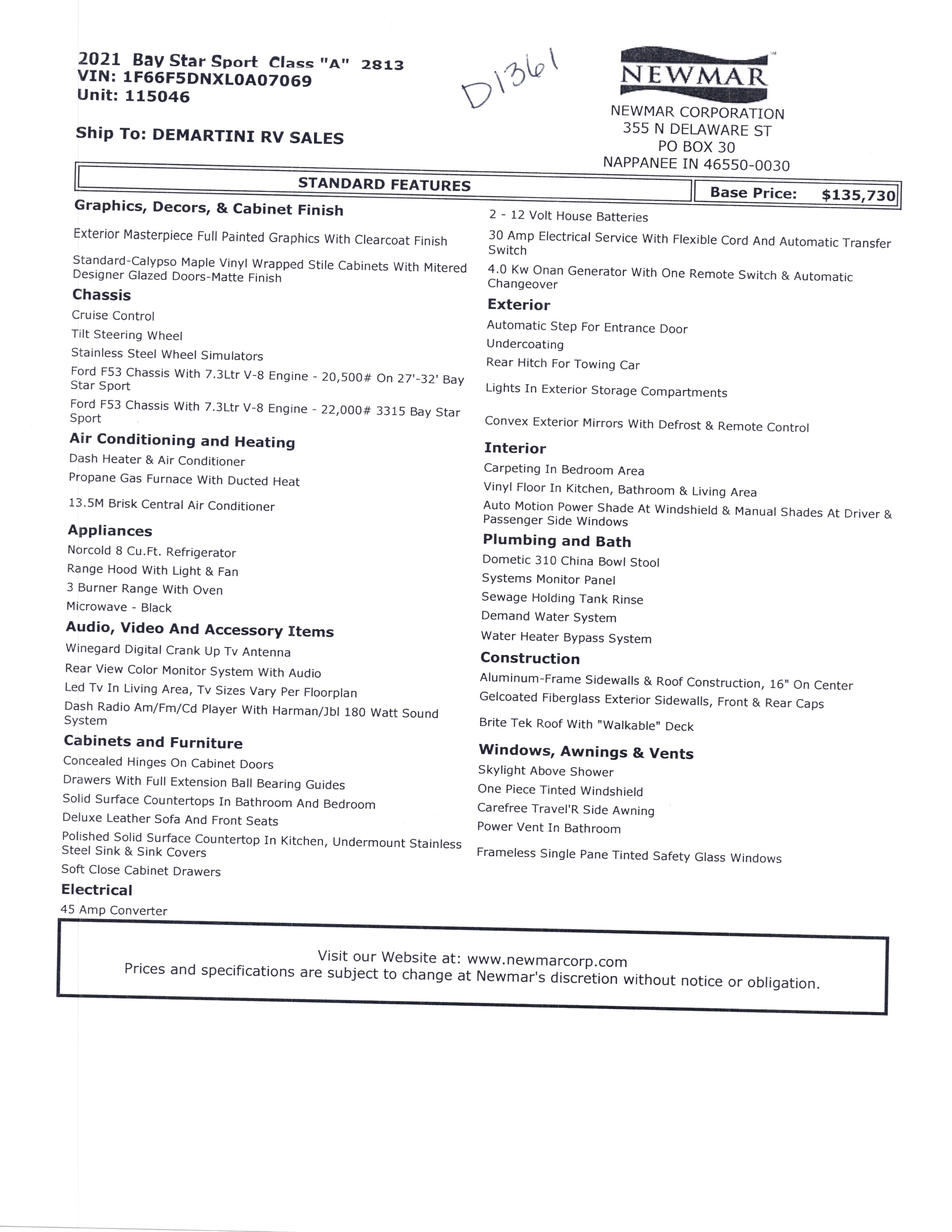 2021 Newmar Bay Star Sport 2813 MSRP Sheet