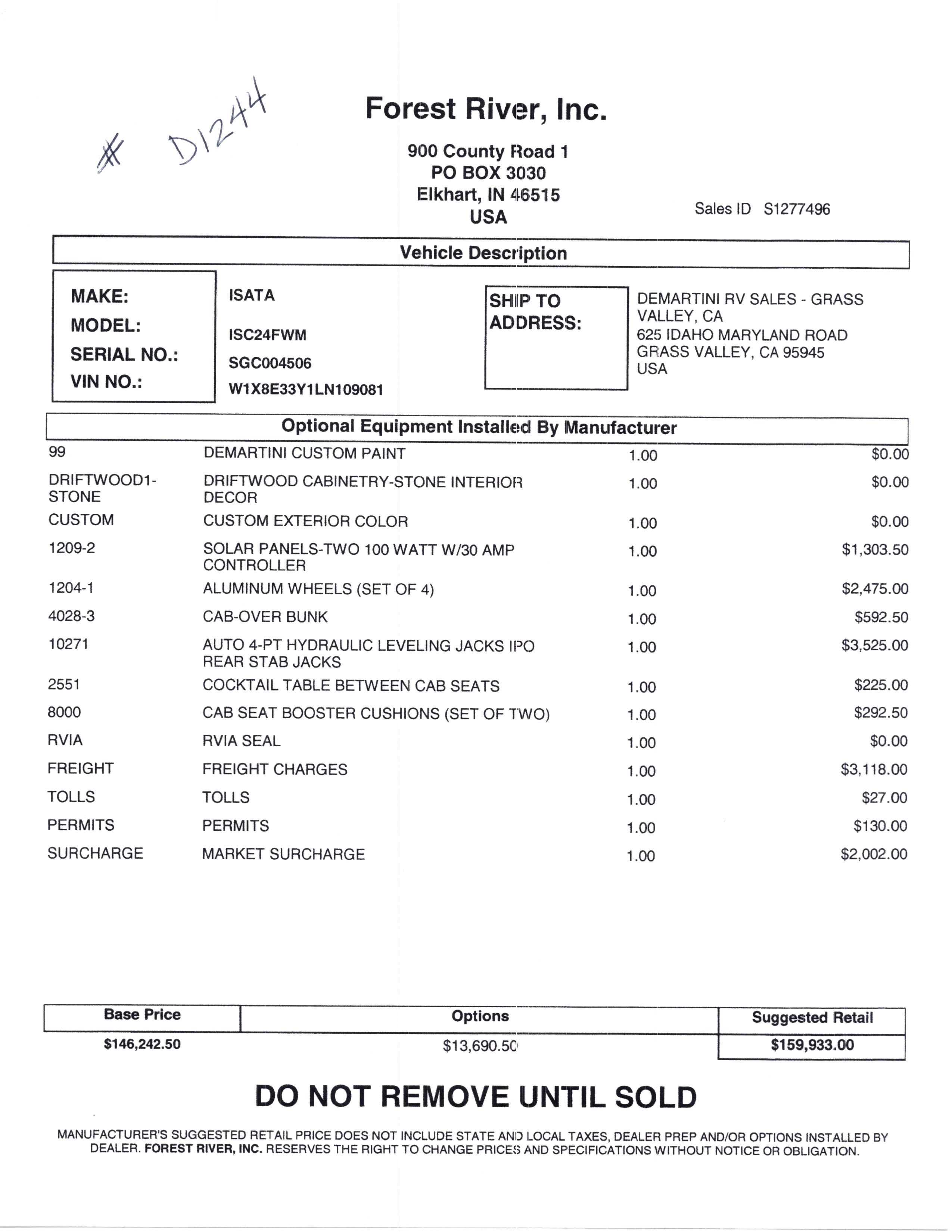 2021 Dynamax Isata 3 24FW MSRP Sheet