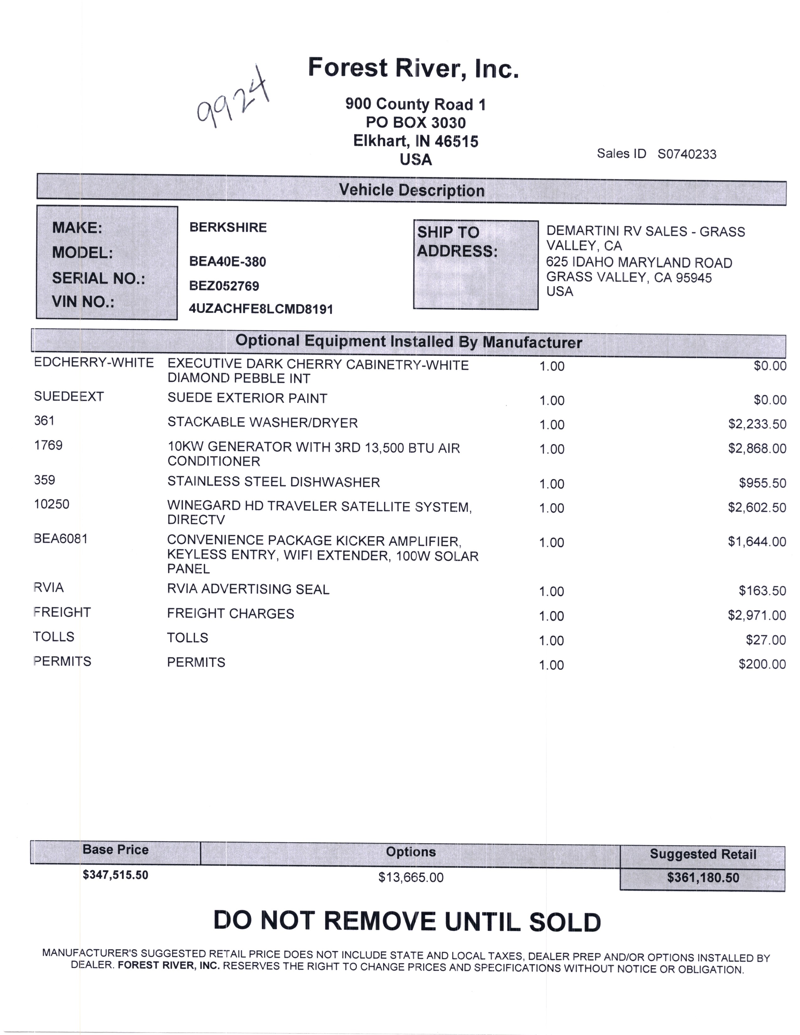 2020 Forest River Berkshire XL 40E MSRP Sheet