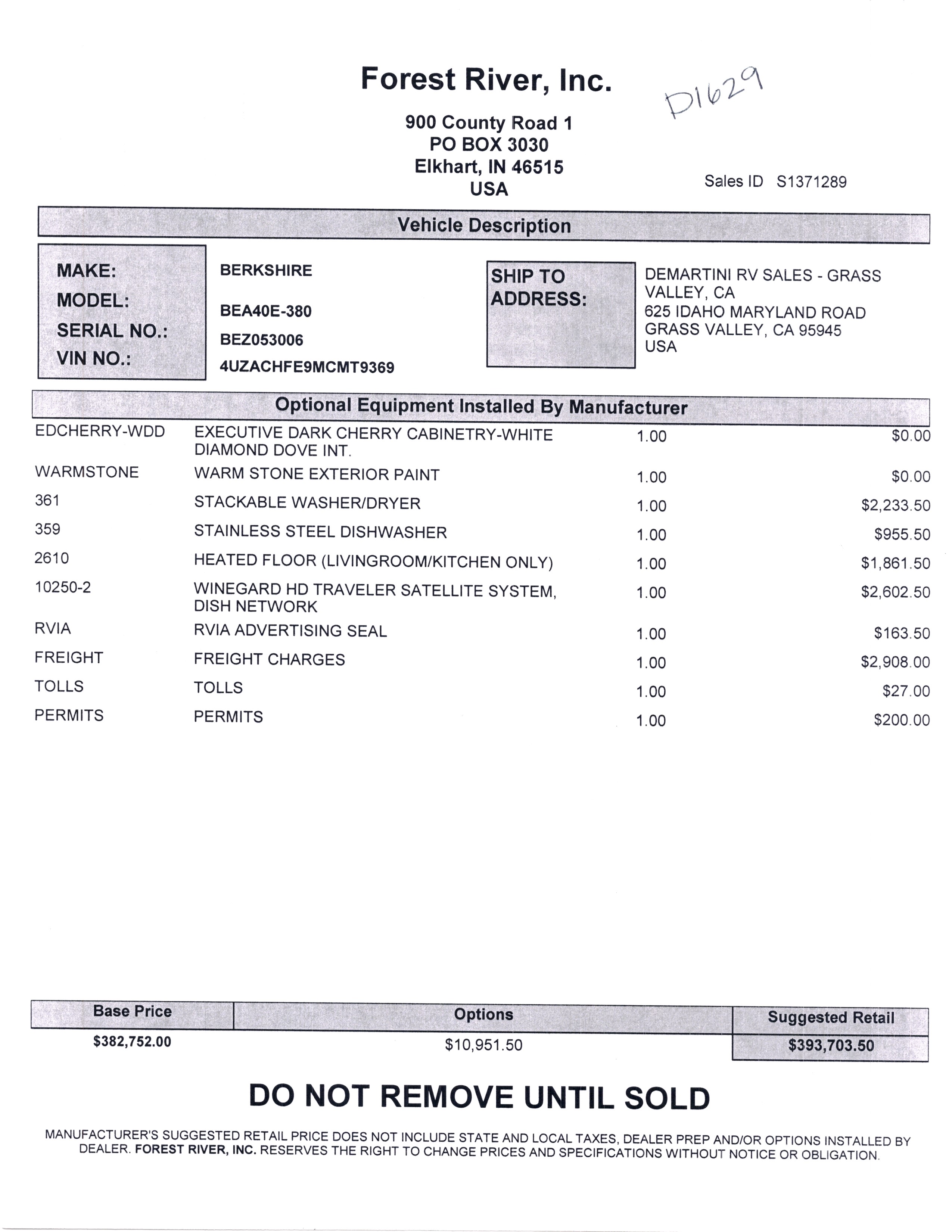 2021 Forest River Berkshire XL 40E MSRP Sheet