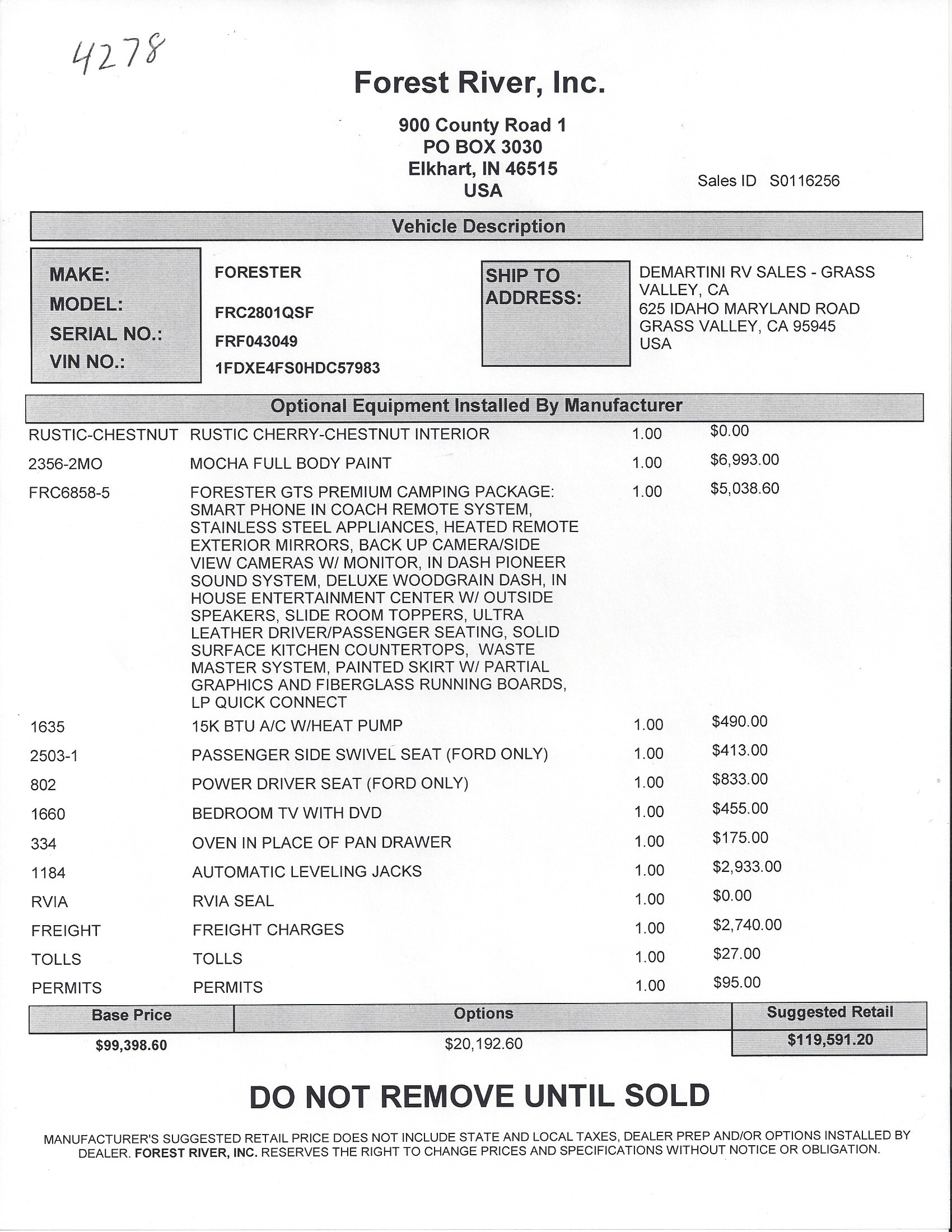 2018 Forest River Forester GTS 2801QS MSRP Sheet