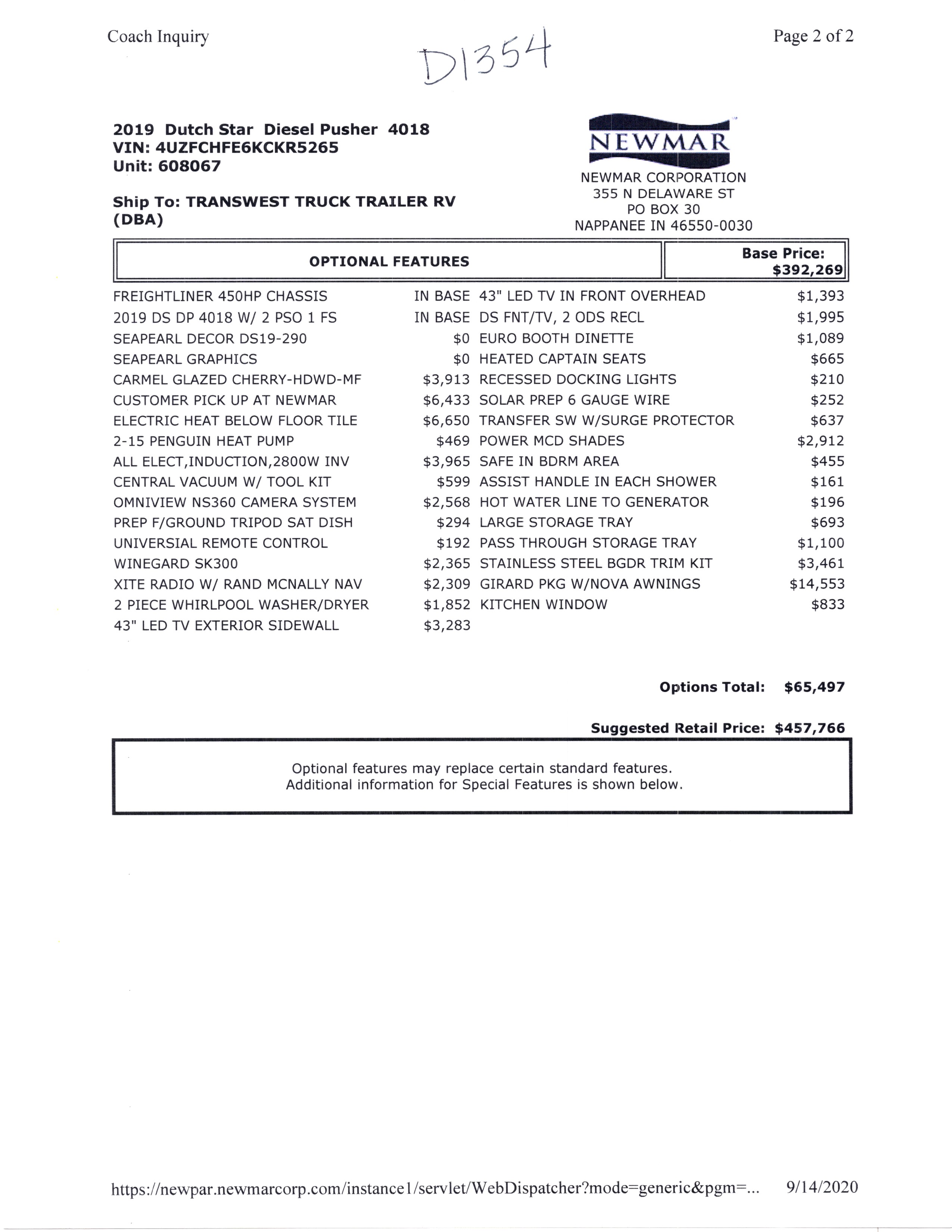 2019 Newmar Dutch Star 4018 MSRP Sheet